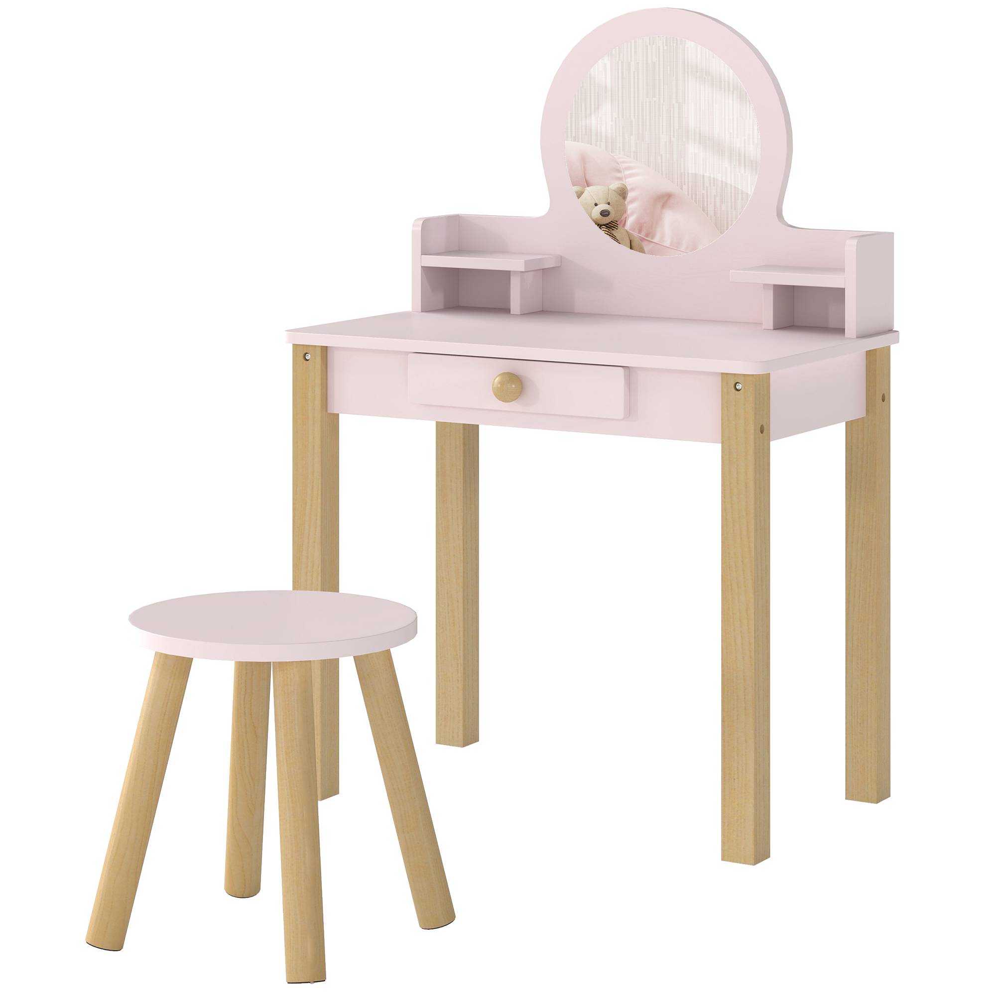 Sans Marque - Coiffeuse enfant en bois avec miroir et tabouret, table de maquillage enfant avec tiroir et étagère, 3 à 6 ans, rose - Image 2