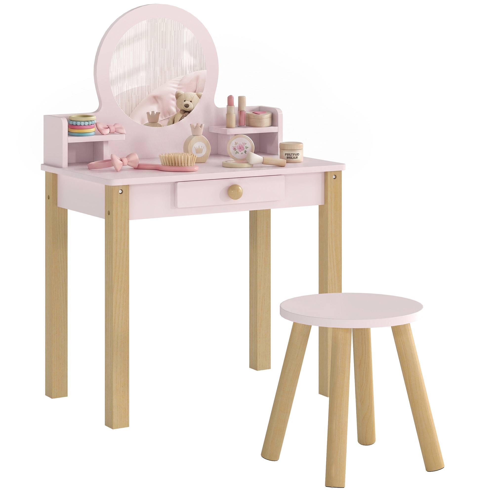 Sans Marque - Coiffeuse enfant en bois avec miroir et tabouret, table de maquillage enfant avec tiroir et étagère, 3 à 6 ans, rose - Image 1