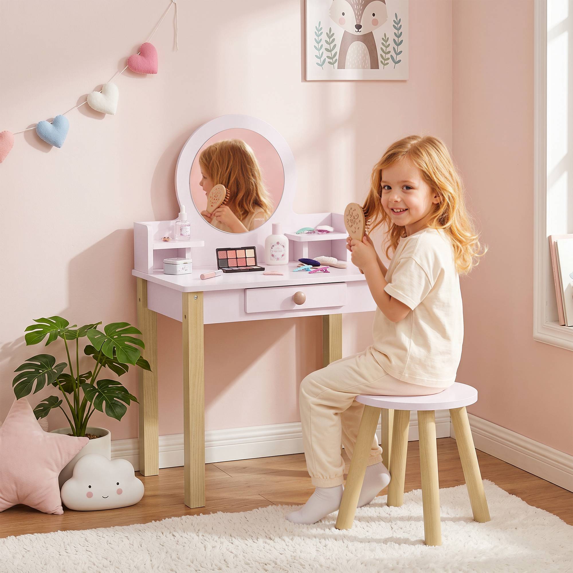 Sans Marque - Coiffeuse enfant en bois avec miroir et tabouret, table de maquillage enfant avec tiroir et étagère, 3 à 6 ans, rose - Image 4