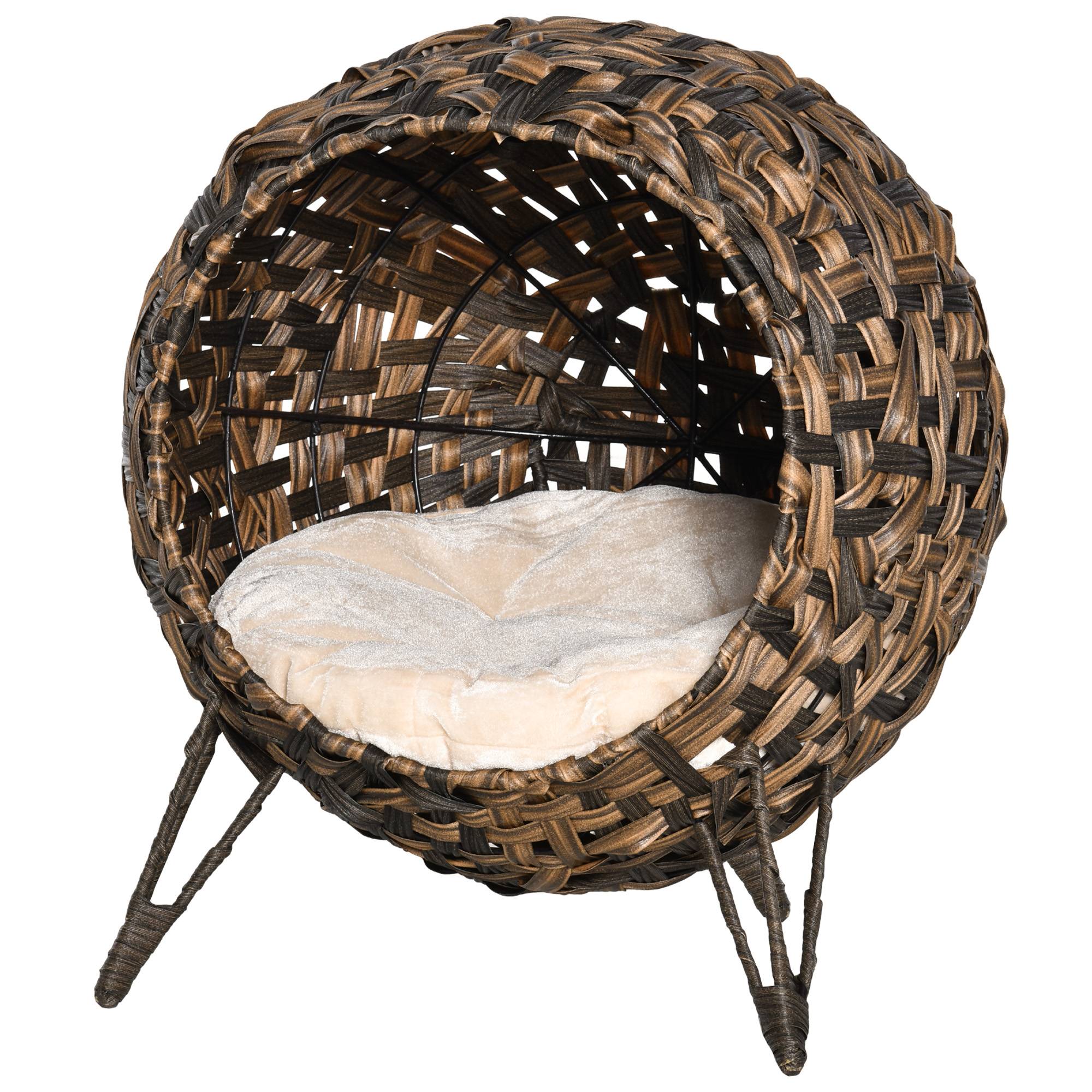 Sans Marque - Maison Rotin avec coussin couchage chat cachette pieds surélevés Brun Ø52x58cm - Image 2
