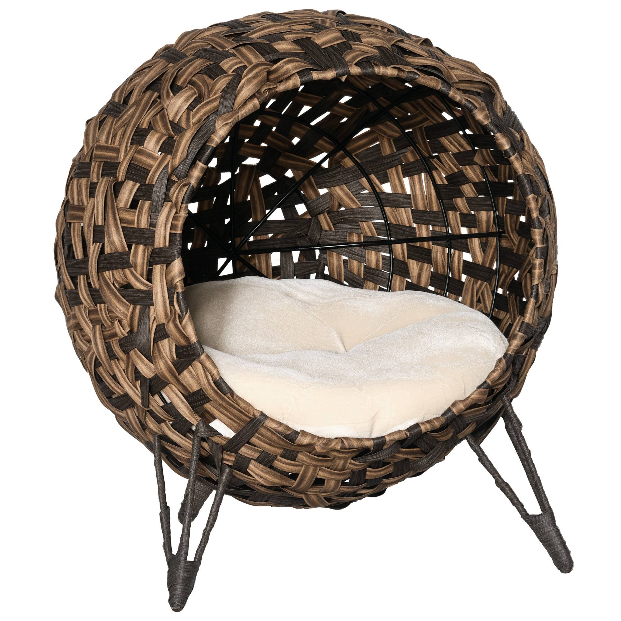 Sans Marque - Maison Rotin avec coussin couchage chat cachette pieds surélevés Brun Ø52x58cm - Image 1