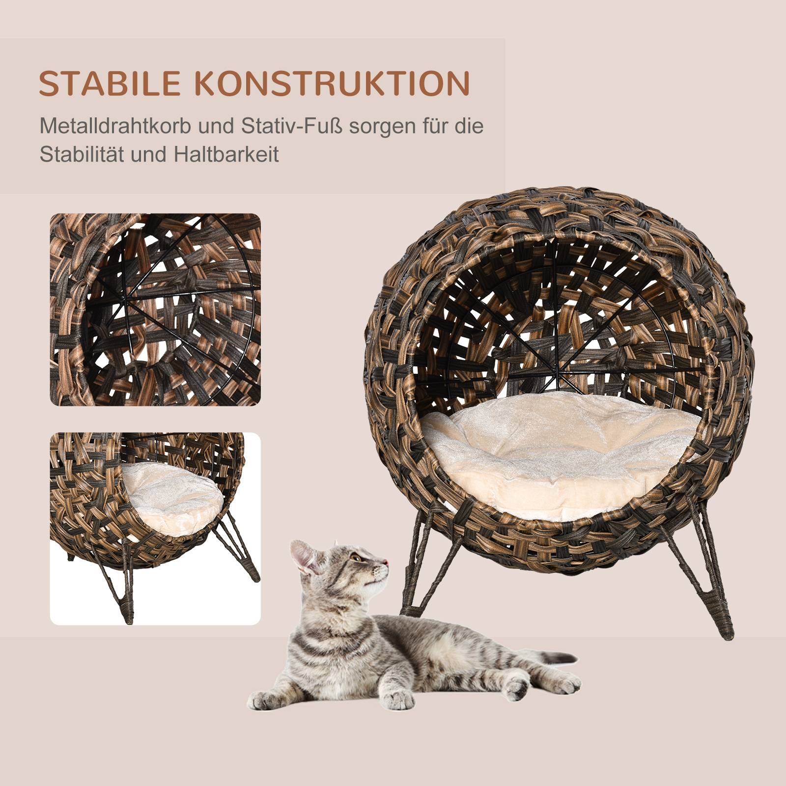 Sans Marque - Maison Rotin avec coussin couchage chat cachette pieds surélevés Brun Ø52x58cm - Image 6