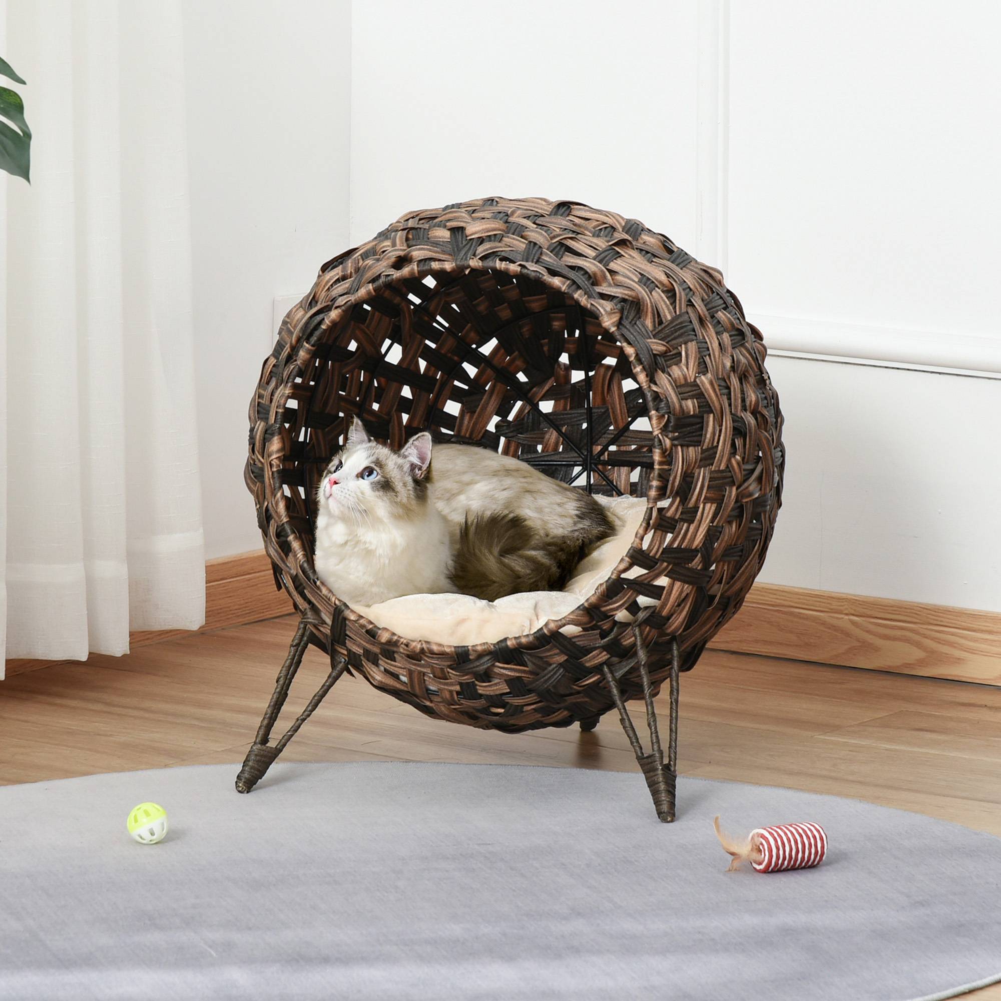 Sans Marque - Maison Rotin avec coussin couchage chat cachette pieds surélevés Brun Ø52x58cm - Image 3