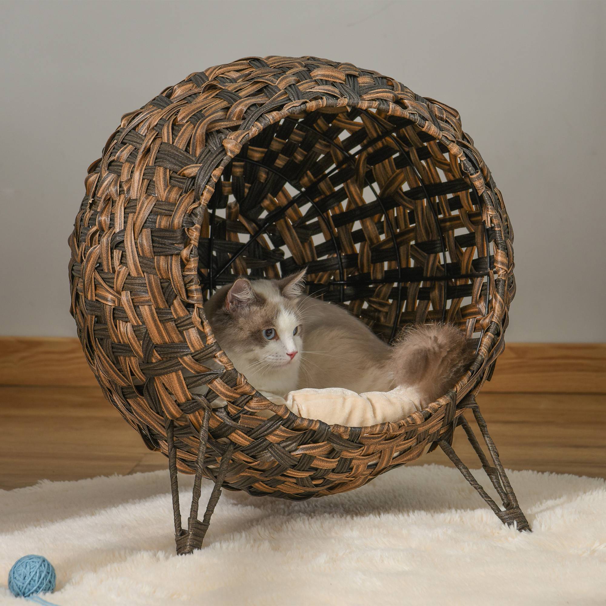Sans Marque - Maison Rotin avec coussin couchage chat cachette pieds surélevés Brun Ø52x58cm - Image 4