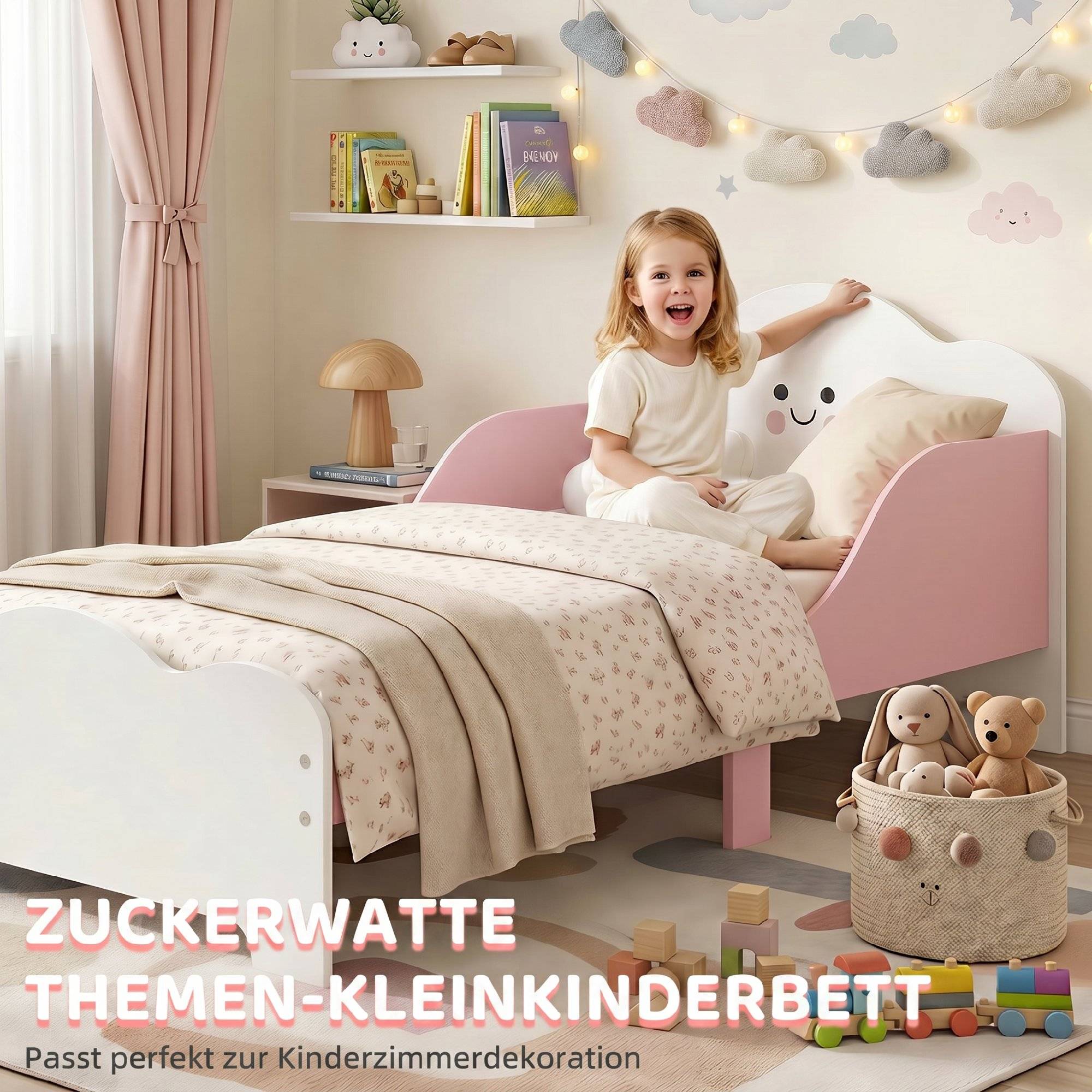 Lit enfant, cadre de lit 140 x 70 cm avec barrières de sécurité hautes pour enfants de 3 à 6 ans, sans matelas, rose - Image 6