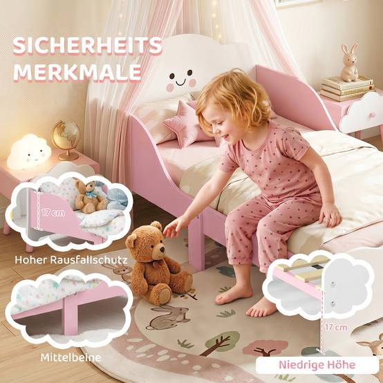 Lit enfant, cadre de lit 140 x 70 cm avec barrières de sécurité hautes pour enfants de 3 à 6 ans, sans matelas, rose - Image 7