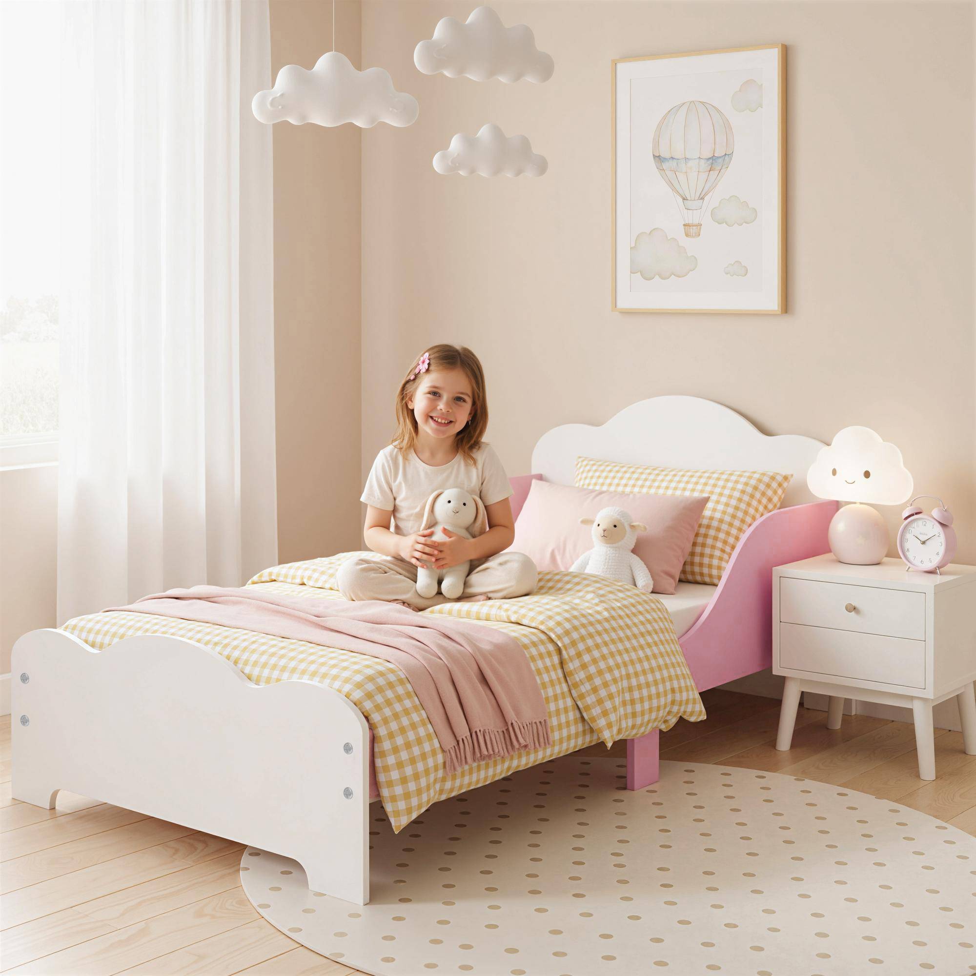 Lit enfant, cadre de lit 140 x 70 cm avec barrières de sécurité hautes pour enfants de 3 à 6 ans, sans matelas, rose - Image 3