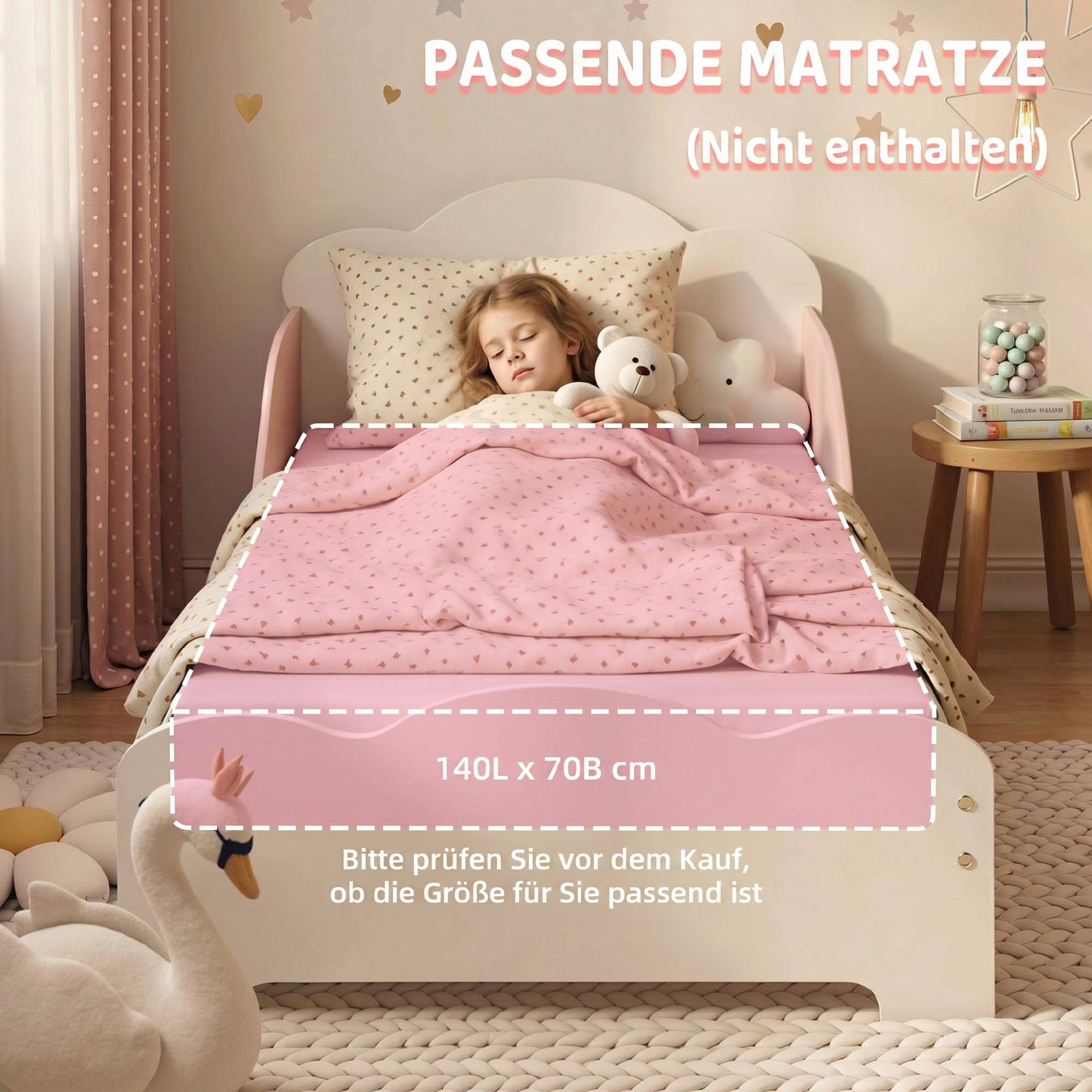 Lit enfant, cadre de lit 140 x 70 cm avec barrières de sécurité hautes pour enfants de 3 à 6 ans, sans matelas, rose - Image 9