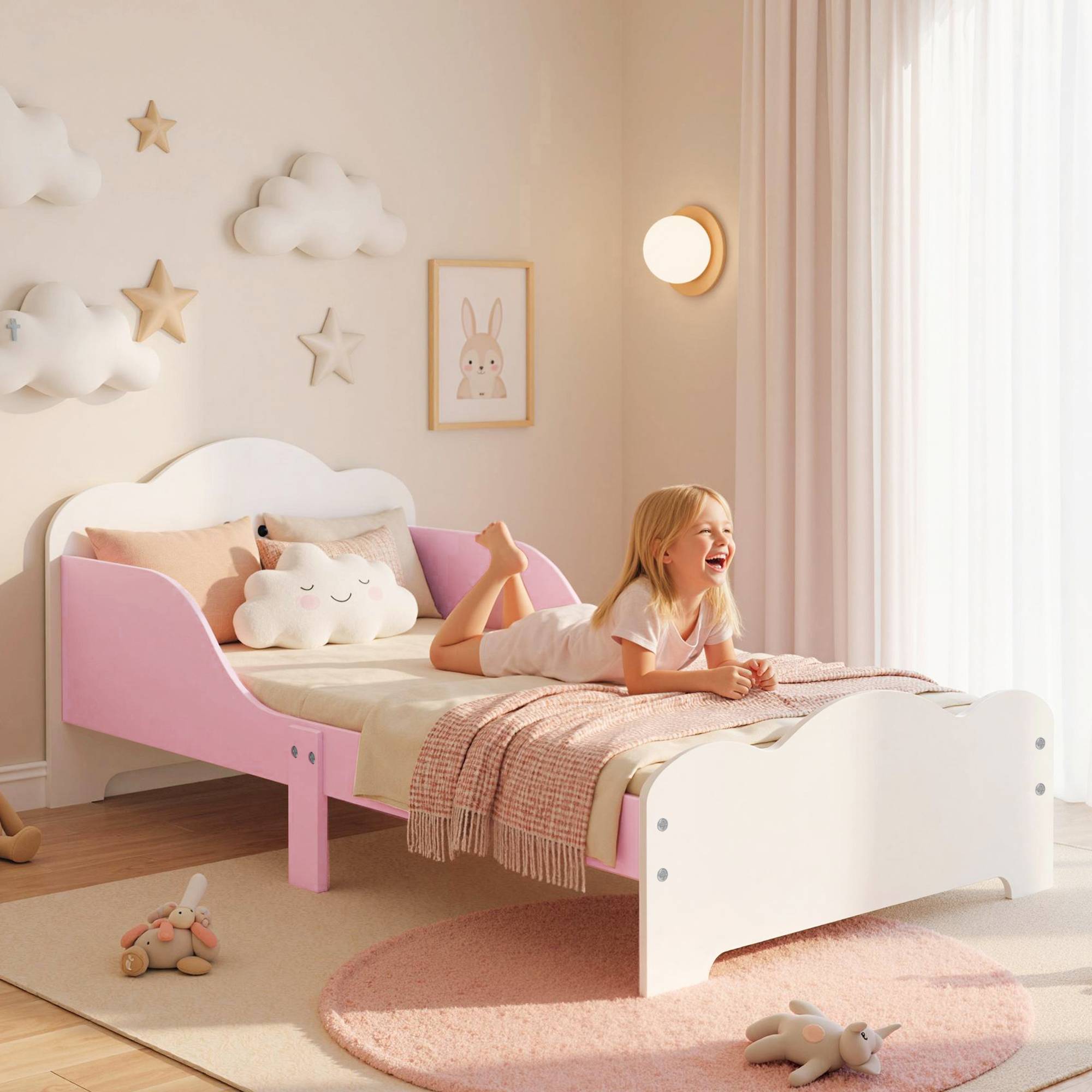 Lit enfant, cadre de lit 140 x 70 cm avec barrières de sécurité hautes pour enfants de 3 à 6 ans, sans matelas, rose - Image 4