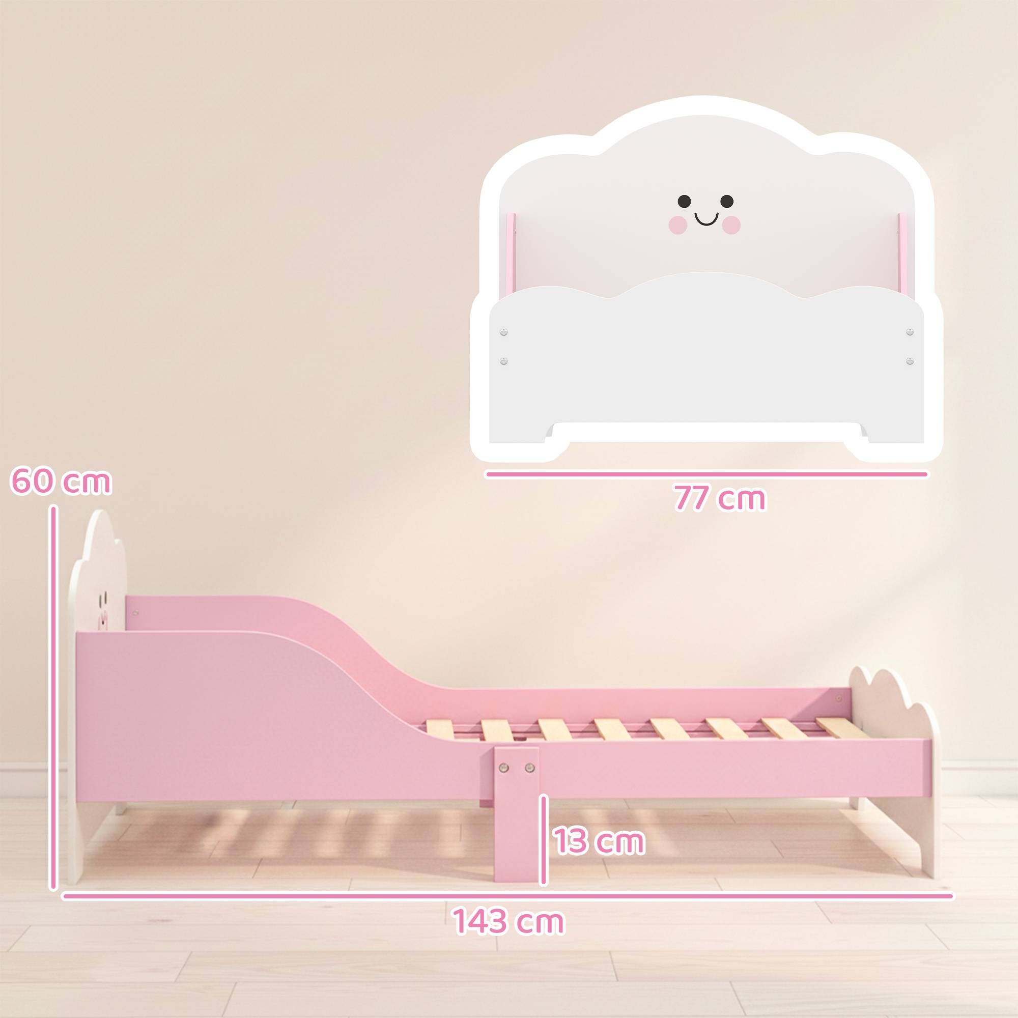 Lit enfant, cadre de lit 140 x 70 cm avec barrières de sécurité hautes pour enfants de 3 à 6 ans, sans matelas, rose - Image 5