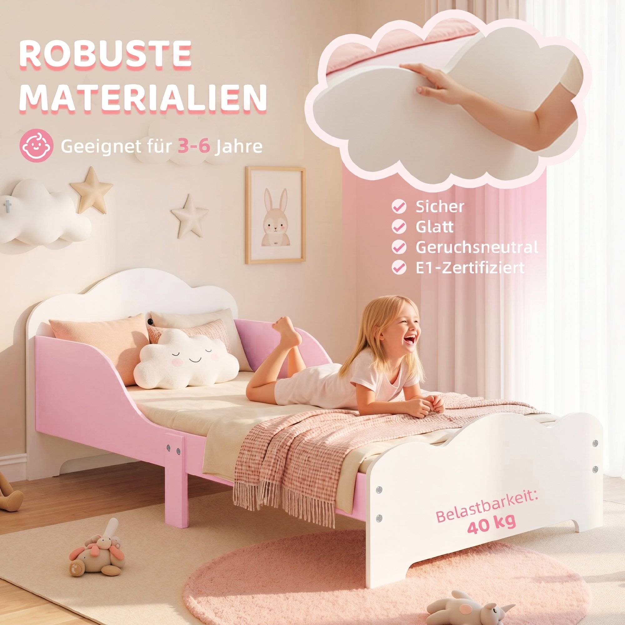 Lit enfant, cadre de lit 140 x 70 cm avec barrières de sécurité hautes pour enfants de 3 à 6 ans, sans matelas, rose - Image 8