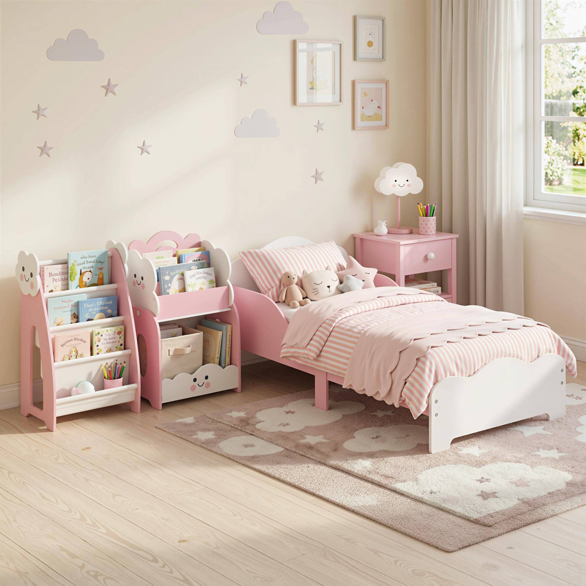 Lit enfant, cadre de lit 140 x 70 cm avec barrières de sécurité hautes pour enfants de 3 à 6 ans, sans matelas, rose - Image 10