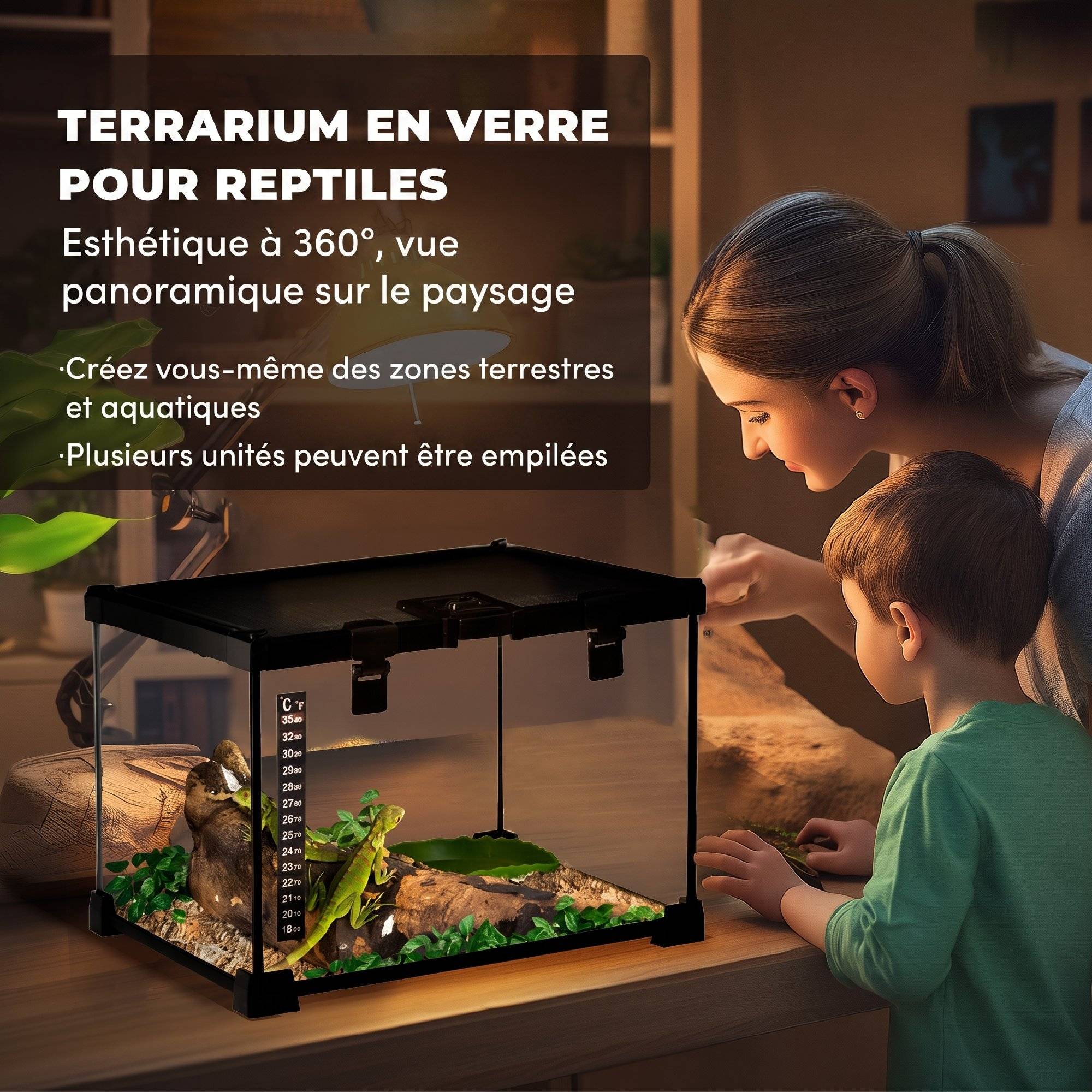 ComfortXL - Terrarium pour reptiles en verre trempé 30 x 30 x 20 cm noir avec couvercle grillagé coulissant et trappe de nourrissage - Image 4