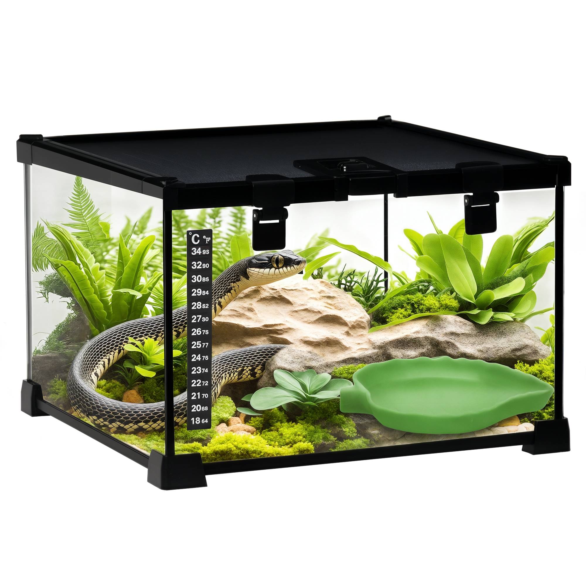 ComfortXL - Terrarium pour reptiles en verre trempé 30 x 30 x 20 cm noir avec couvercle grillagé coulissant et trappe de nourrissage - Image 2