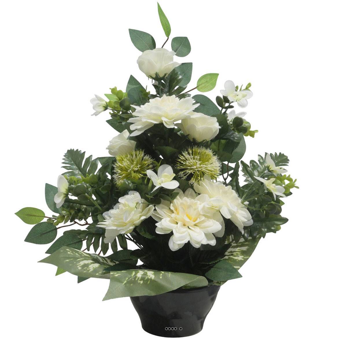 Artificielles - Vasque de Dahlia, Rose, Mini fleurs, Chardon et Ficus Crème artificiels - Toussaint - couleur: Crème - Image 1