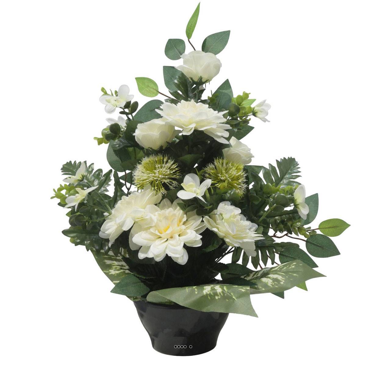 Artificielles - Vasque de Dahlia, Rose, Mini fleurs, Chardon et Ficus Crème artificiels - Toussaint - couleur: Crème - Image 2