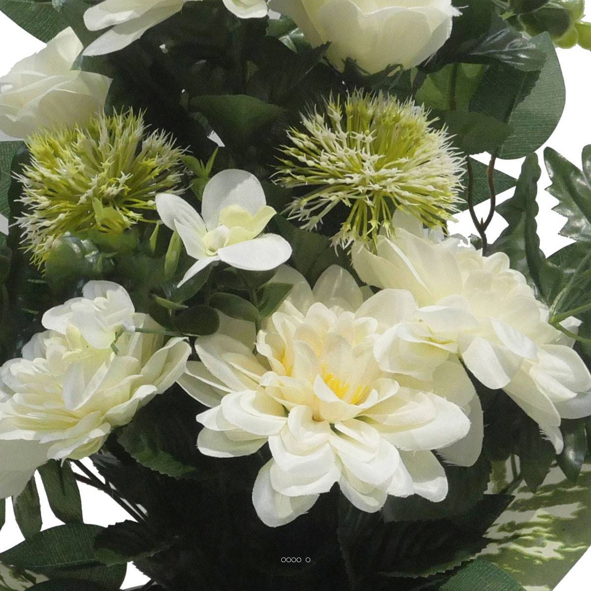 Artificielles - Vasque de Dahlia, Rose, Mini fleurs, Chardon et Ficus Crème artificiels - Toussaint - couleur: Crème - Image 3