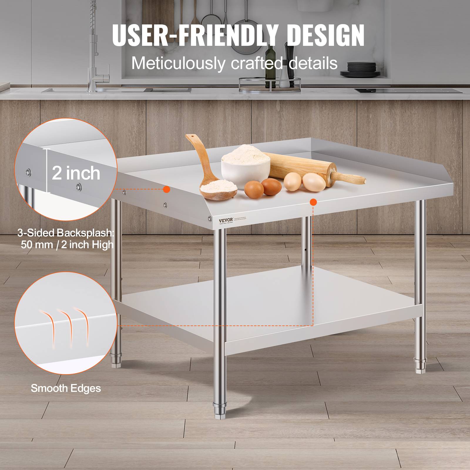 Vevor - VEVOR Table préparation métal 30x36x26 pouces, protection 3 côtés, hauteur réglable, pour cuisine commerciale. - Image 4
