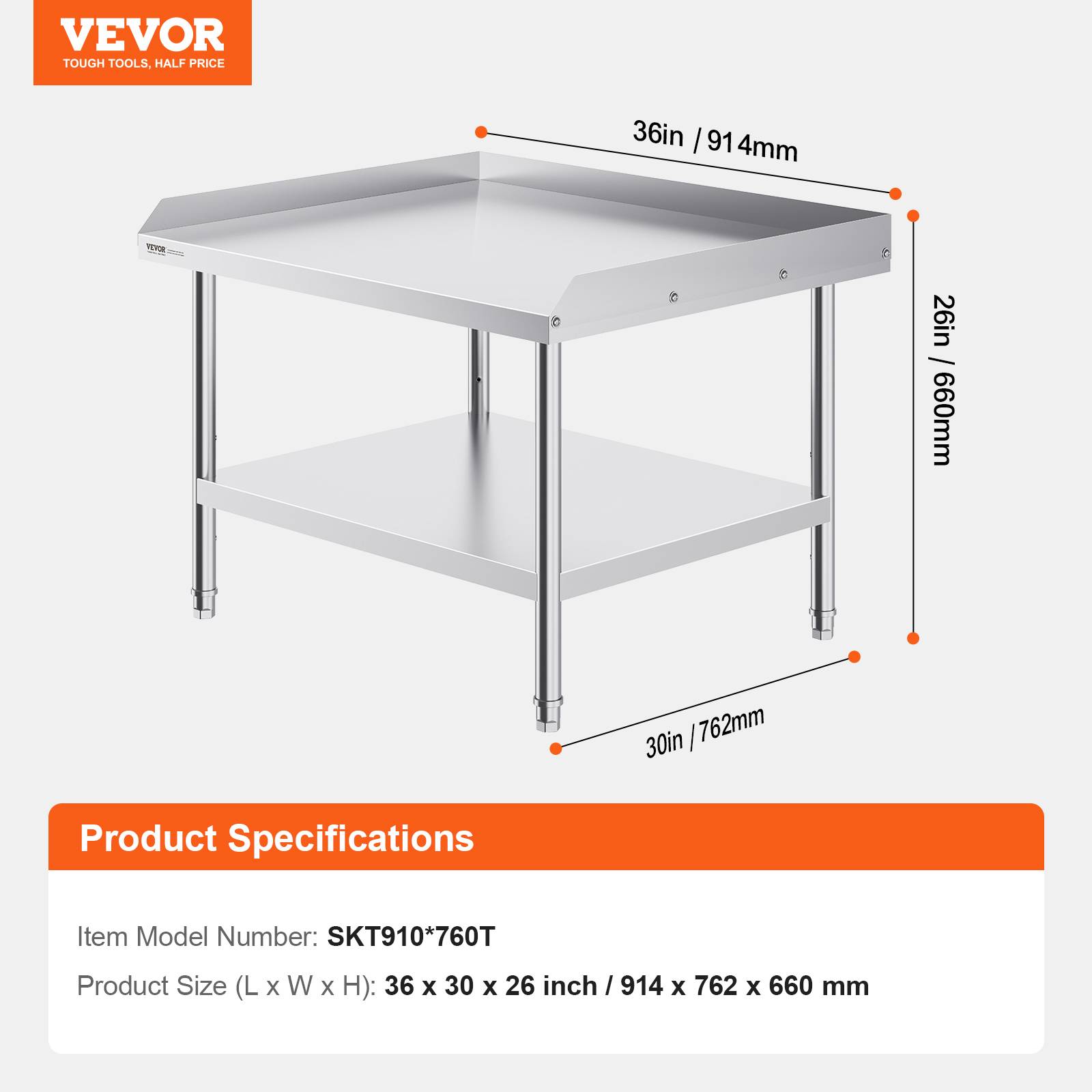 Vevor - VEVOR Table préparation métal 30x36x26 pouces, protection 3 côtés, hauteur réglable, pour cuisine commerciale. - Image 7