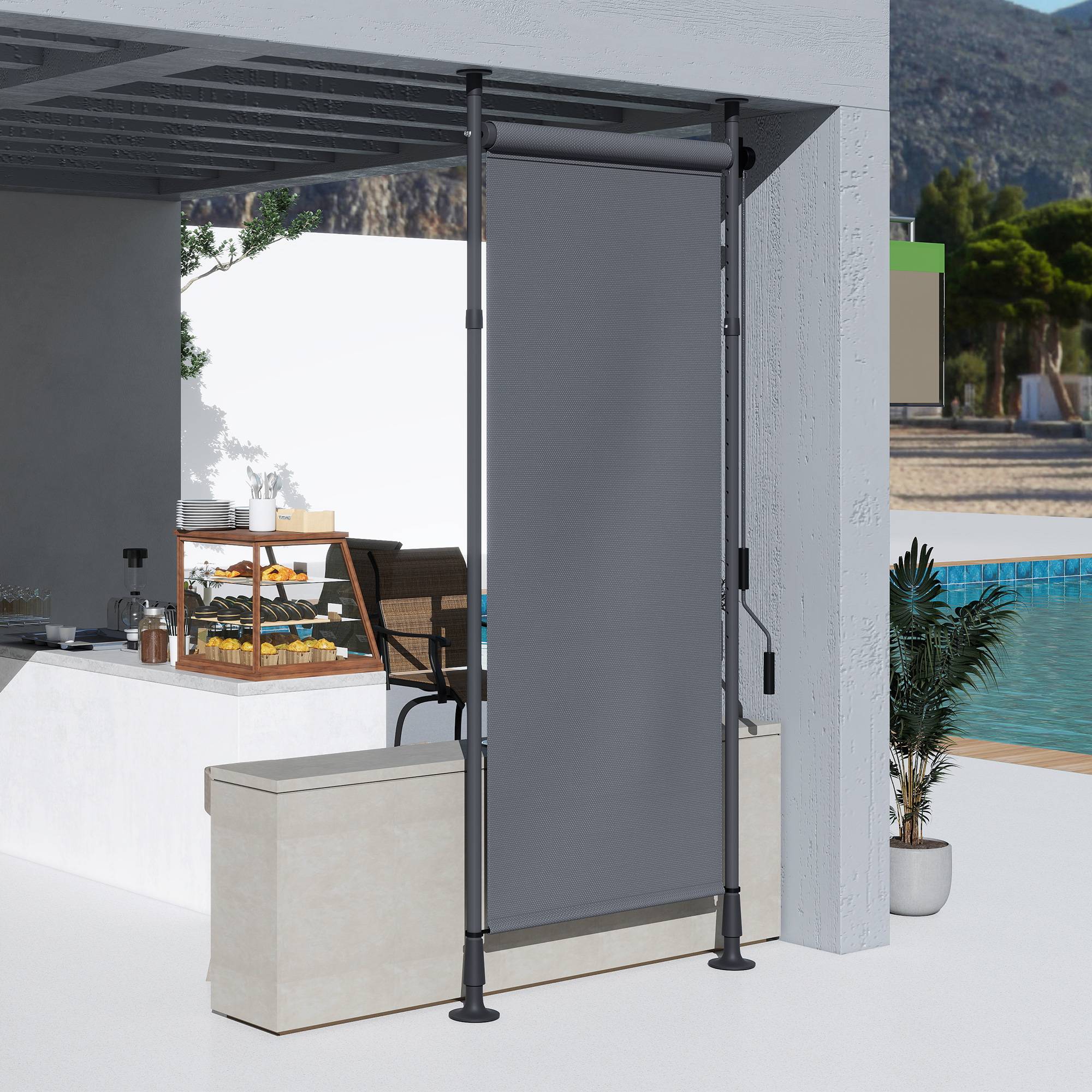 Store vénitien manuel autoportant aluminium polyester réglable sans perçage brise-vue intérieur extérieur gris foncé - Image 4