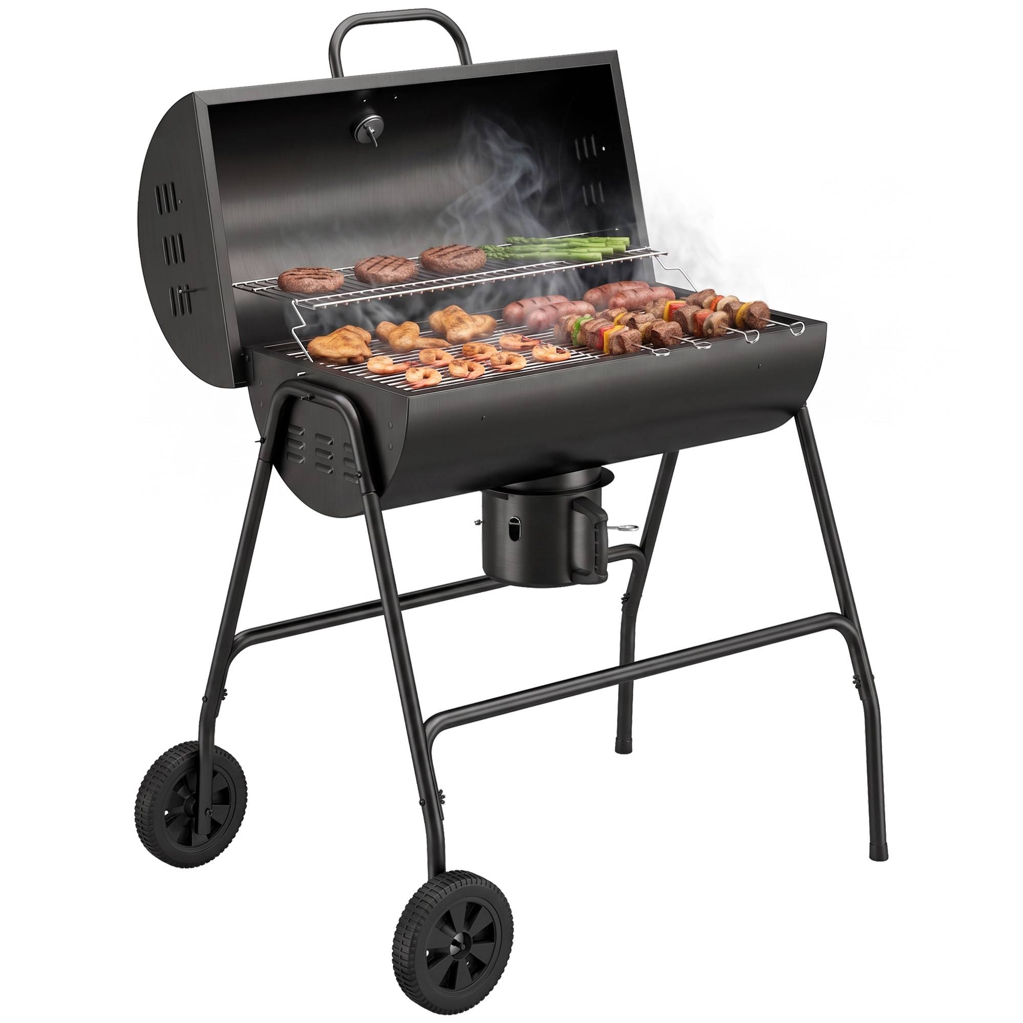 Sans Marque - Barbecue fumoir à charbon de bois en métal avec couvercle, thermomètre, roulettes et chariot, 95 x 71,5 x 102 cm, noir - Image 1
