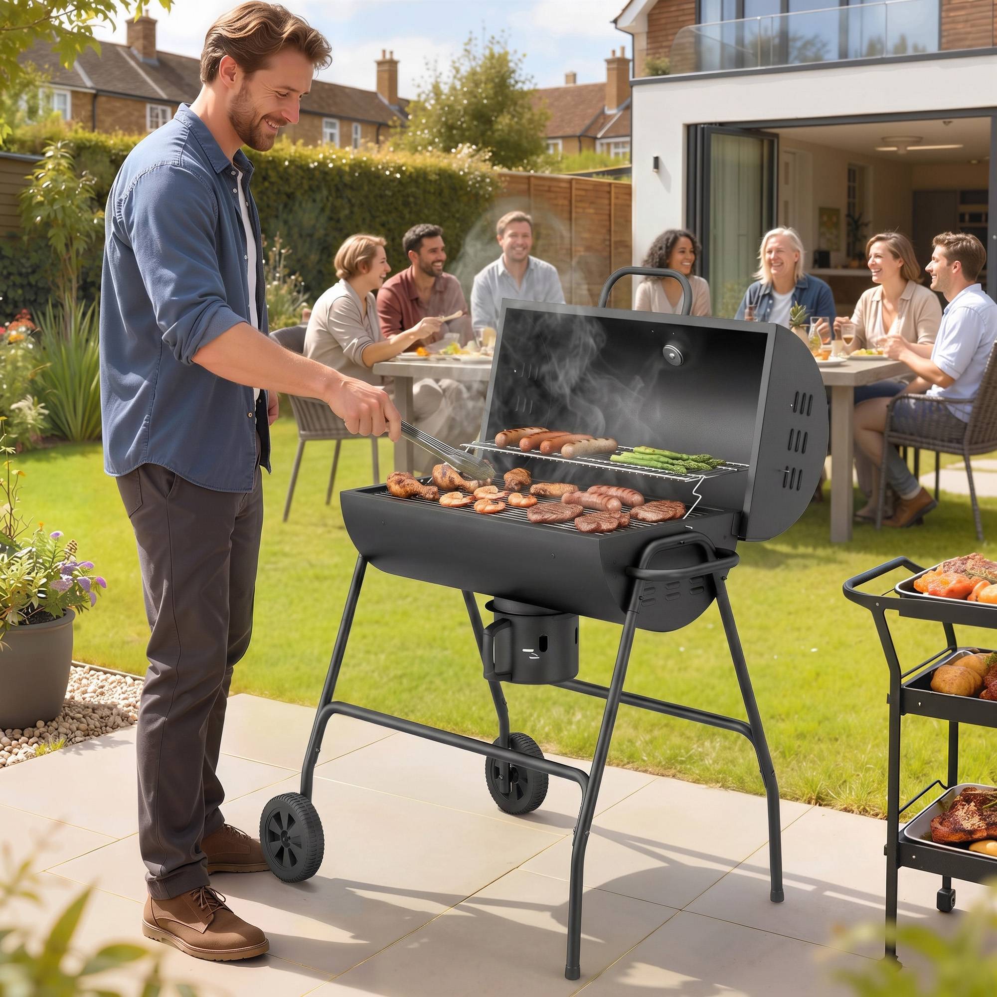 Sans Marque - Barbecue fumoir à charbon de bois en métal avec couvercle, thermomètre, roulettes et chariot, 95 x 71,5 x 102 cm, noir - Image 3