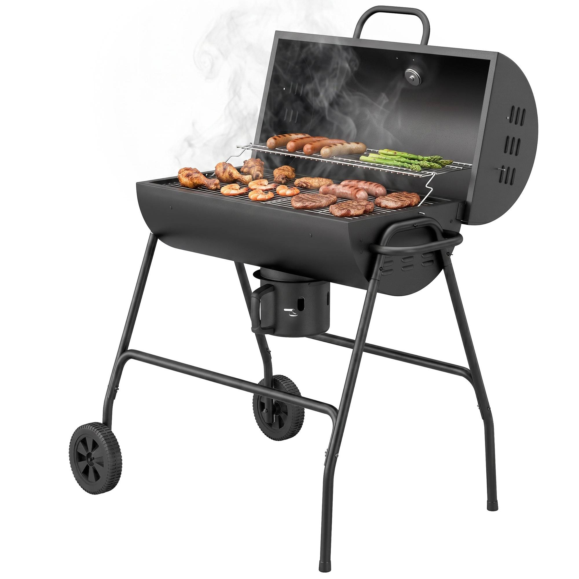 Sans Marque - Barbecue fumoir à charbon de bois en métal avec couvercle, thermomètre, roulettes et chariot, 95 x 71,5 x 102 cm, noir - Image 2