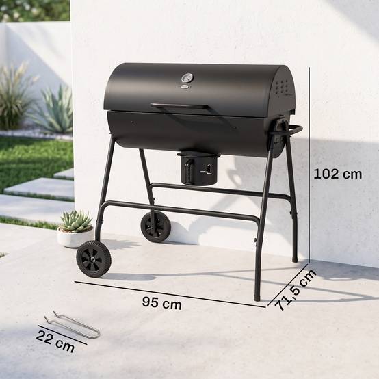 Sans Marque - Barbecue fumoir à charbon de bois en métal avec couvercle, thermomètre, roulettes et chariot, 95 x 71,5 x 102 cm, noir - Image 5