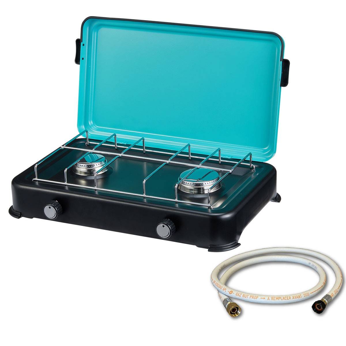Plaque de cuisson gaz 2 feux 2350W Cuisinière à gaz portable, Plaque à gaz Butane/Propane Bruleurs inox tuyau gaz INTEC - Image 1