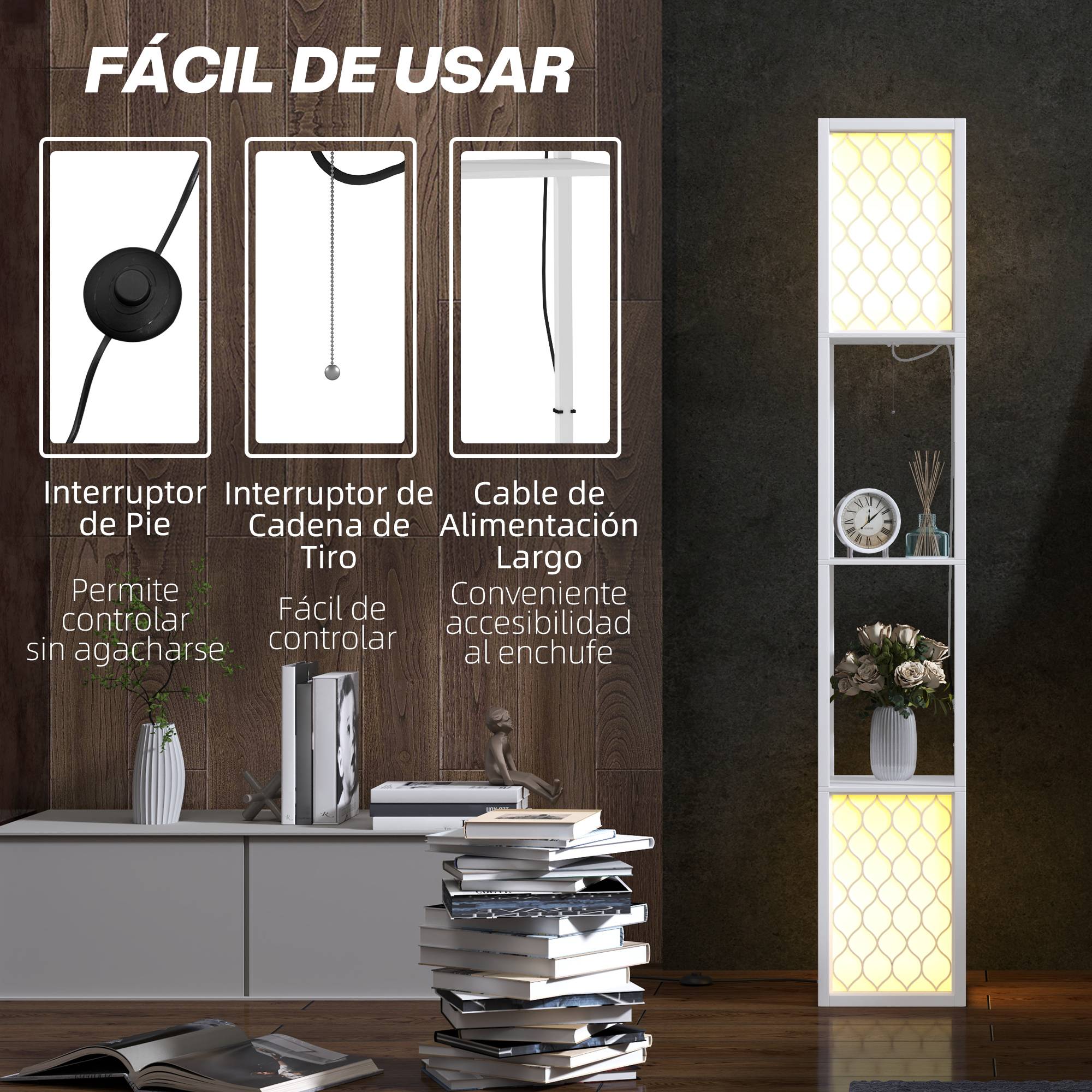 Lampadaire blanc à étagères murales interrupteur mural 26 × 26 × 156 cm salon et chambre - Image 8