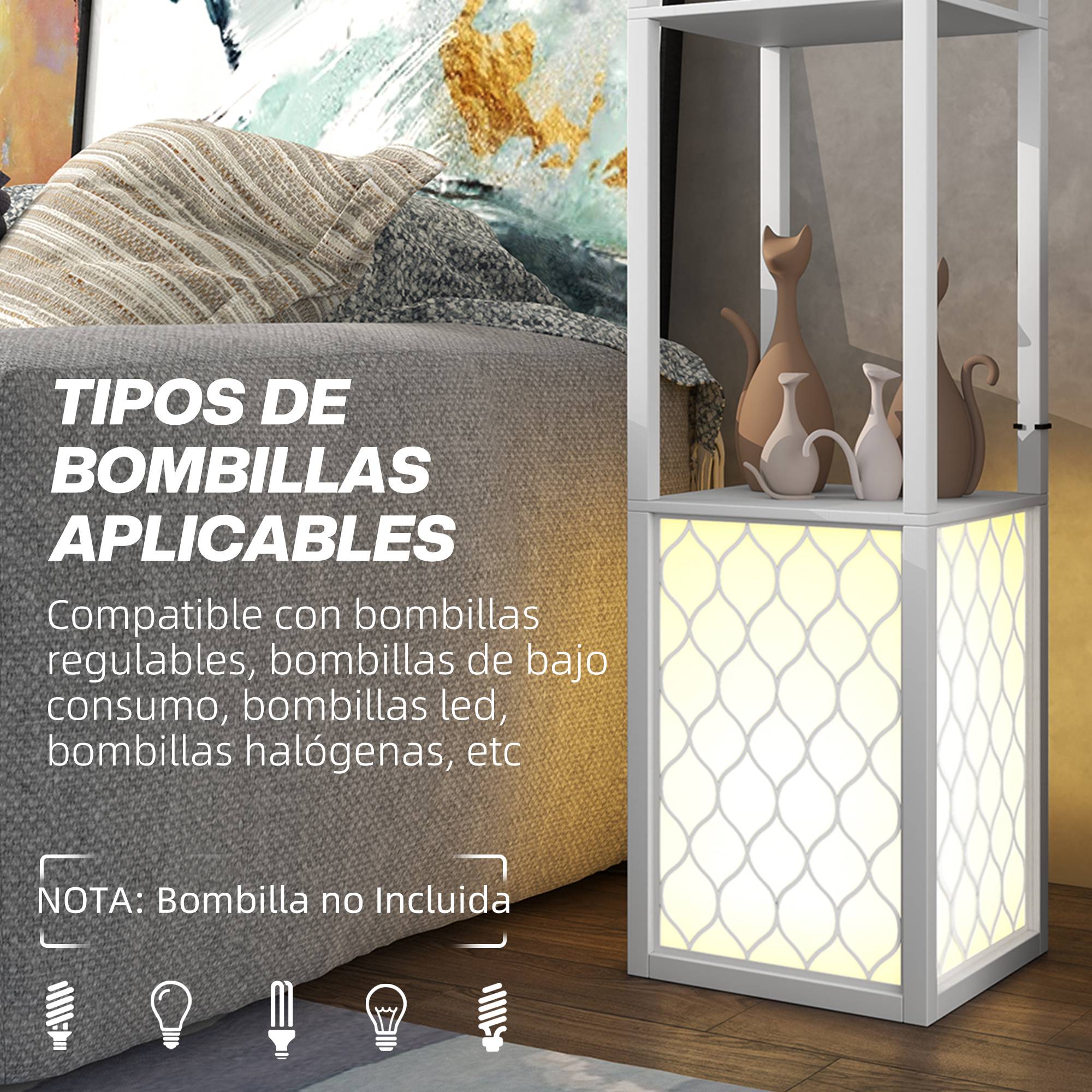 Lampadaire blanc à étagères murales interrupteur mural 26 × 26 × 156 cm salon et chambre - Image 9