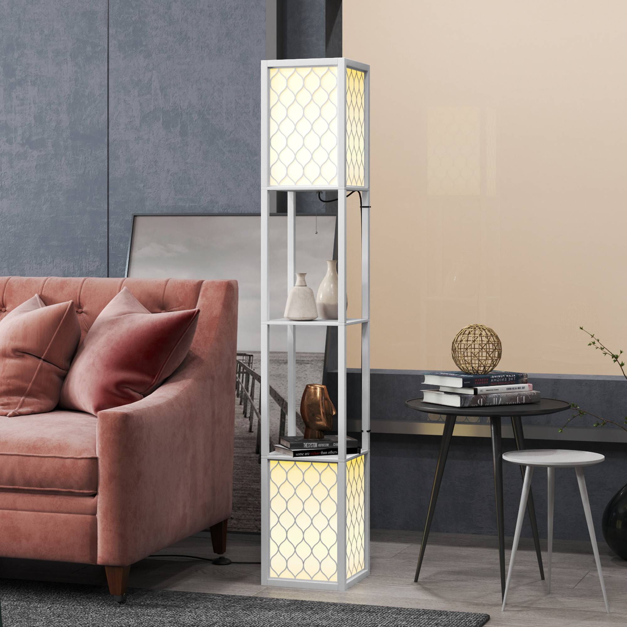 Lampadaire blanc à étagères murales interrupteur mural 26 × 26 × 156 cm salon et chambre - Image 10