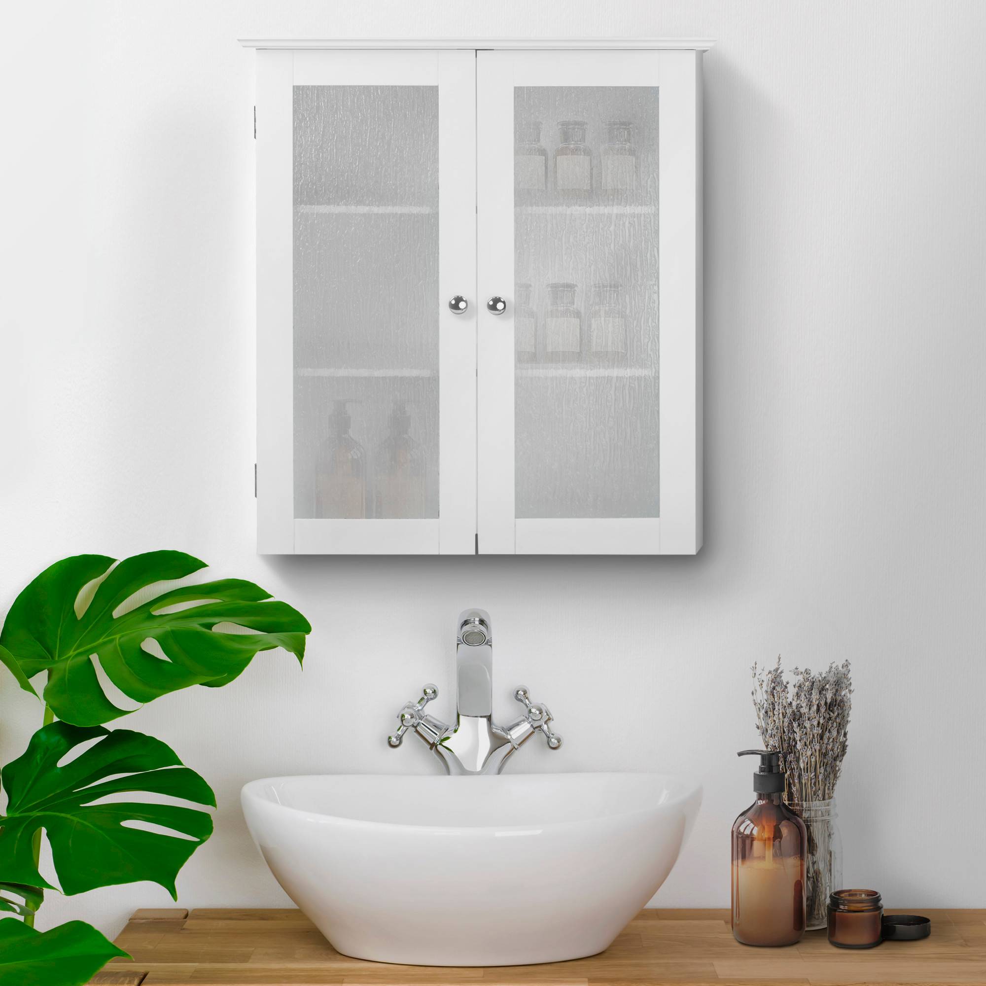 Teamson Home - Armoire murale de salle de bain effet bois blanc portes en verre Teamson Home - Image 1