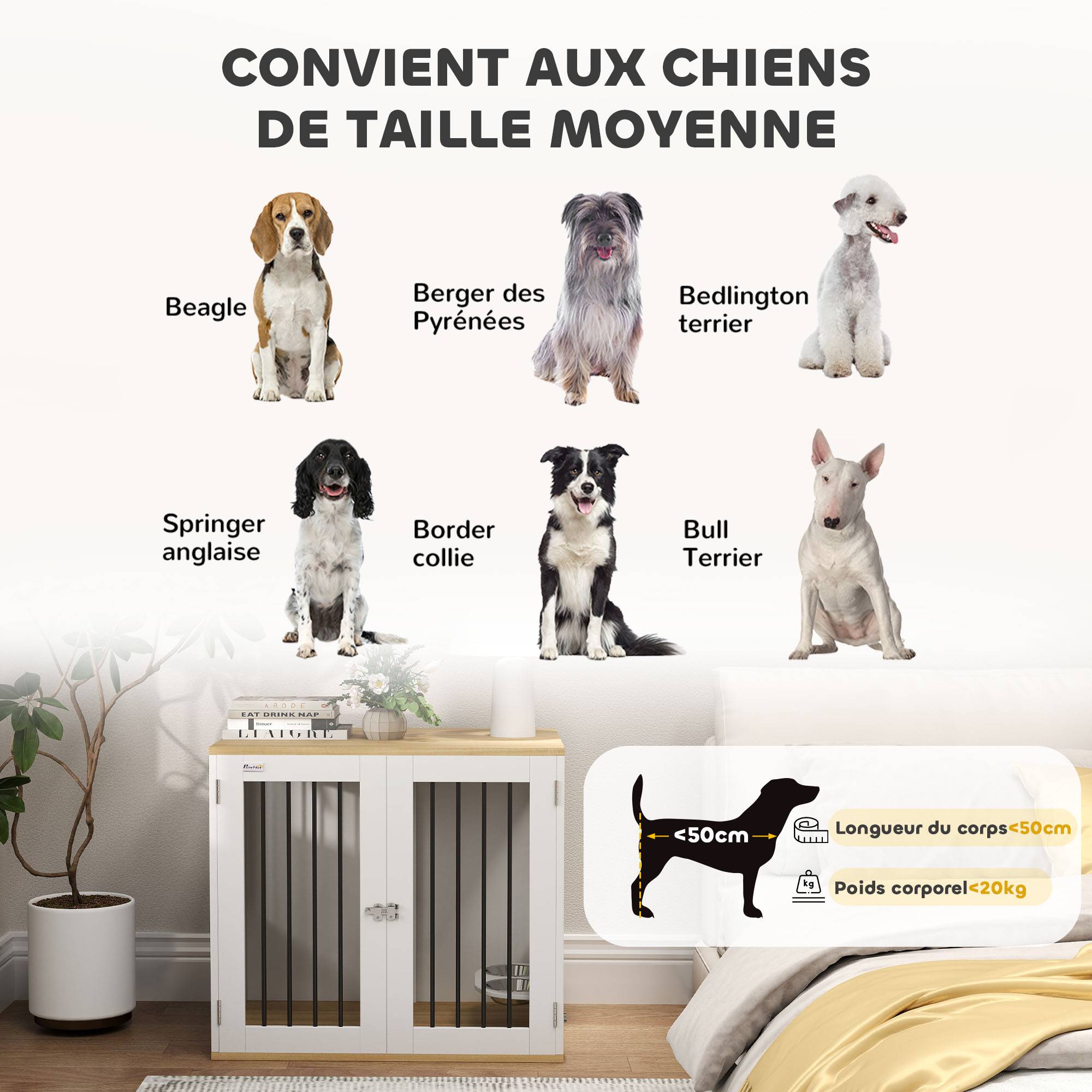 Sans Marque - Cage pour chiens, table d'appoint, gamelles amovibles rotatives à 360° 2 portes pour chien moyenne 80x55x71,5cm blanc - Image 9
