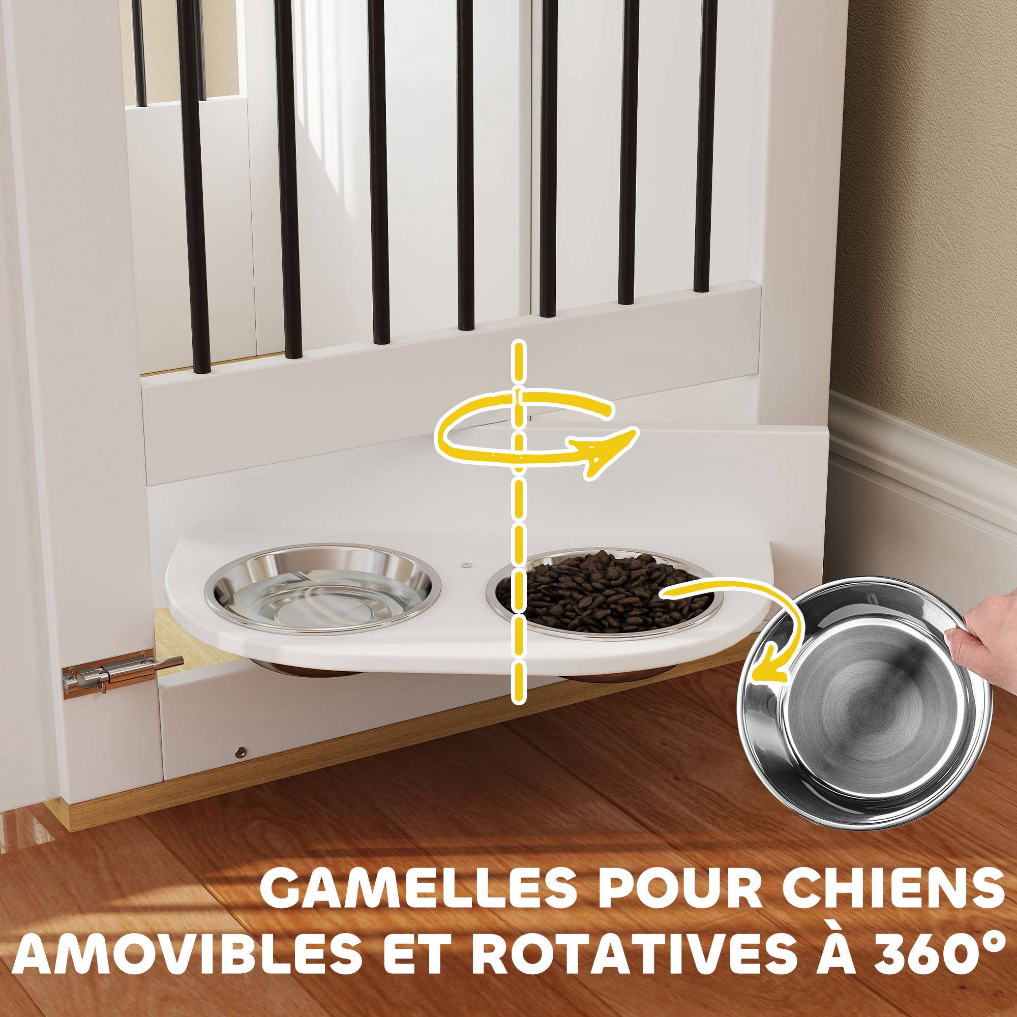 Sans Marque - Cage pour chiens, table d'appoint, gamelles amovibles rotatives à 360° 2 portes pour chien moyenne 80x55x71,5cm blanc - Image 6