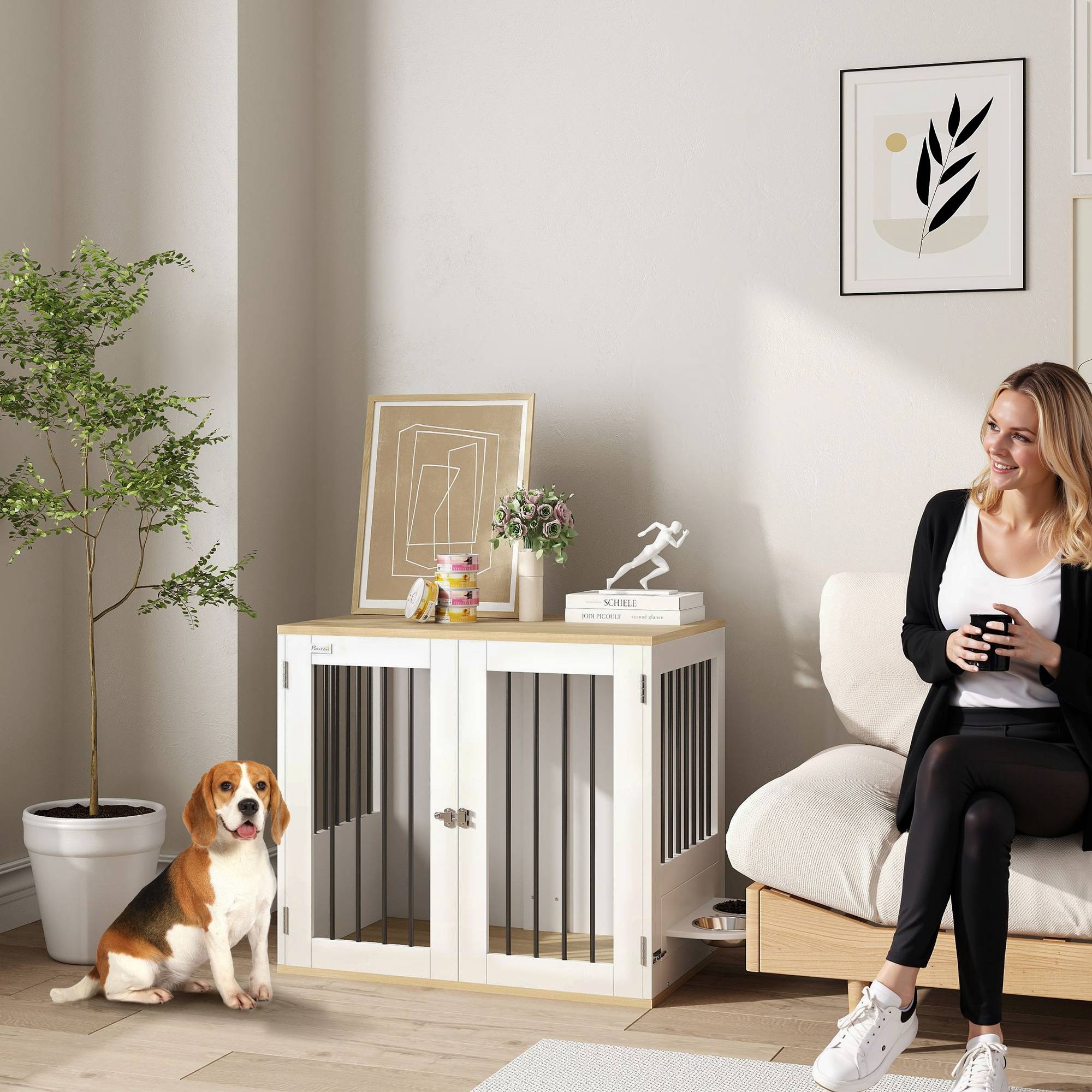 Sans Marque - Cage pour chiens, table d'appoint, gamelles amovibles rotatives à 360° 2 portes pour chien moyenne 80x55x71,5cm blanc - Image 4