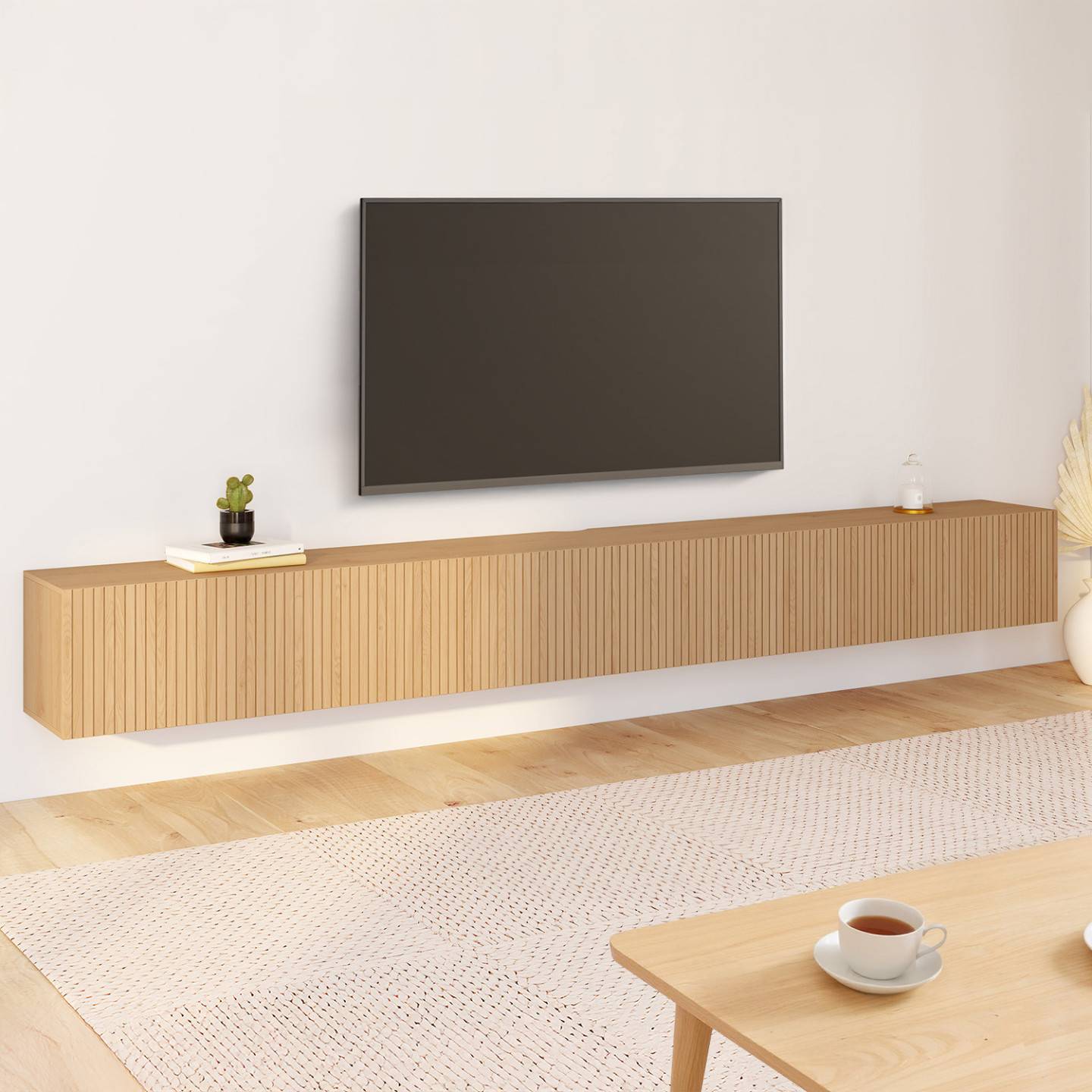 IDMARKET - Meuble TV 270 cm suspendu JULIETTE 3 portes lattes tasseau bois coloris chêne - Image 1