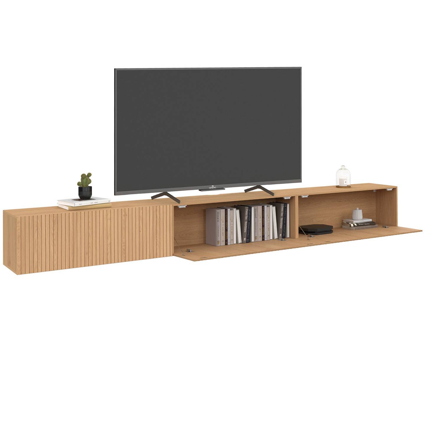 IDMARKET - Meuble TV 270 cm suspendu JULIETTE 3 portes lattes tasseau bois coloris chêne - Image 4