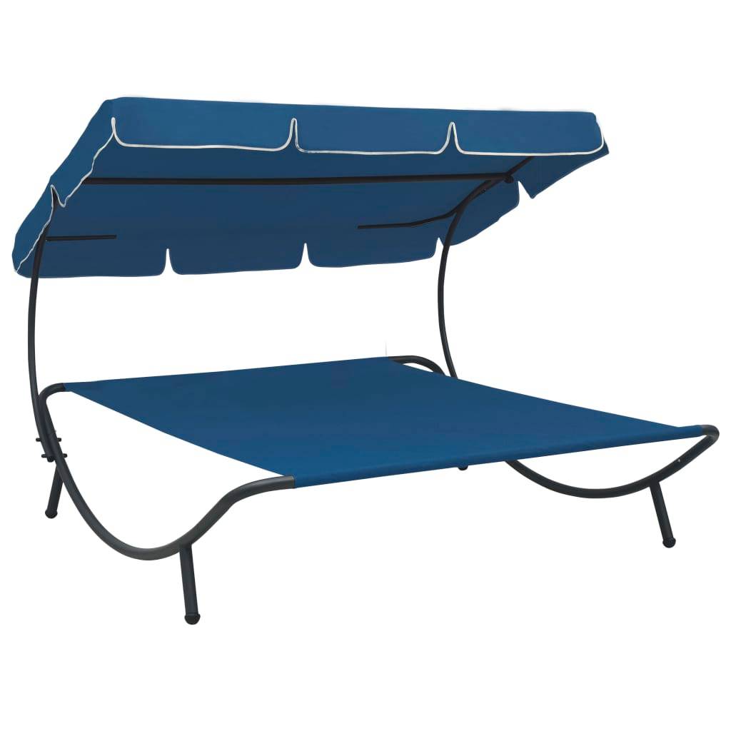 Helloshop26 - Lit de repos transat chaise longue d'extérieur 200 cm avec auvent bleu - Image 1