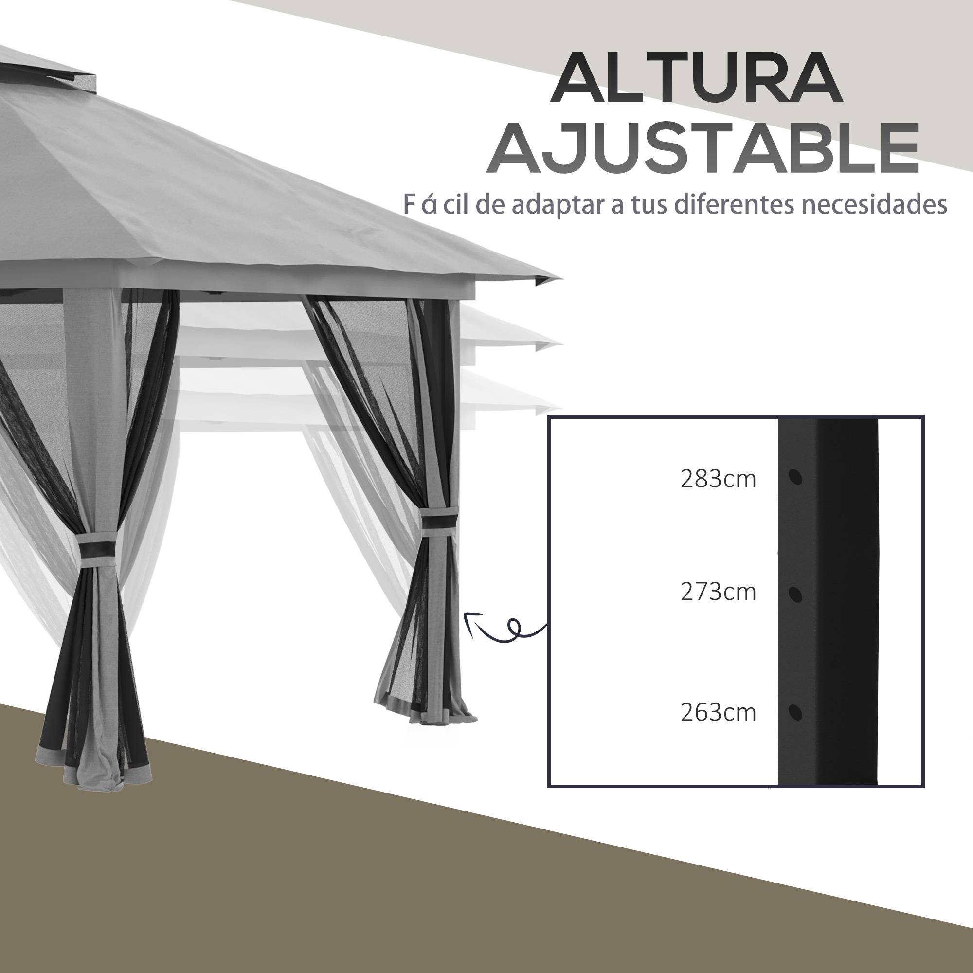 Tente pliante pop-up à hauteur réglable, protection UV50+, double toit et moustiquaires, 4 x 4 x 2,8 m, grise - Image 8