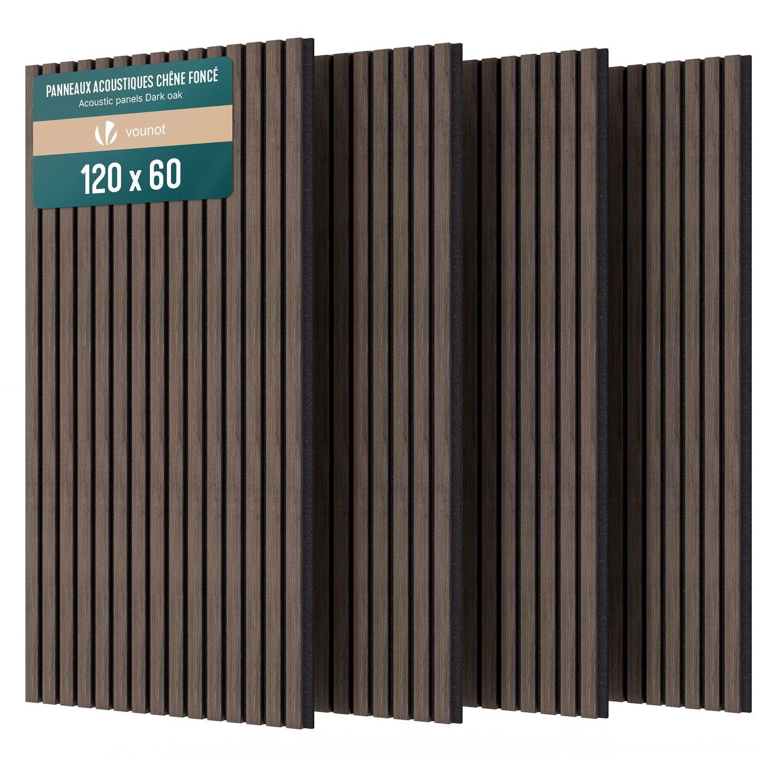 Vounot - Lot de 4 panneaux acoustiques muraux Tasseaux en bois MDF avec feutre noir 120x60x2.1cm chêne foncé - Image 1