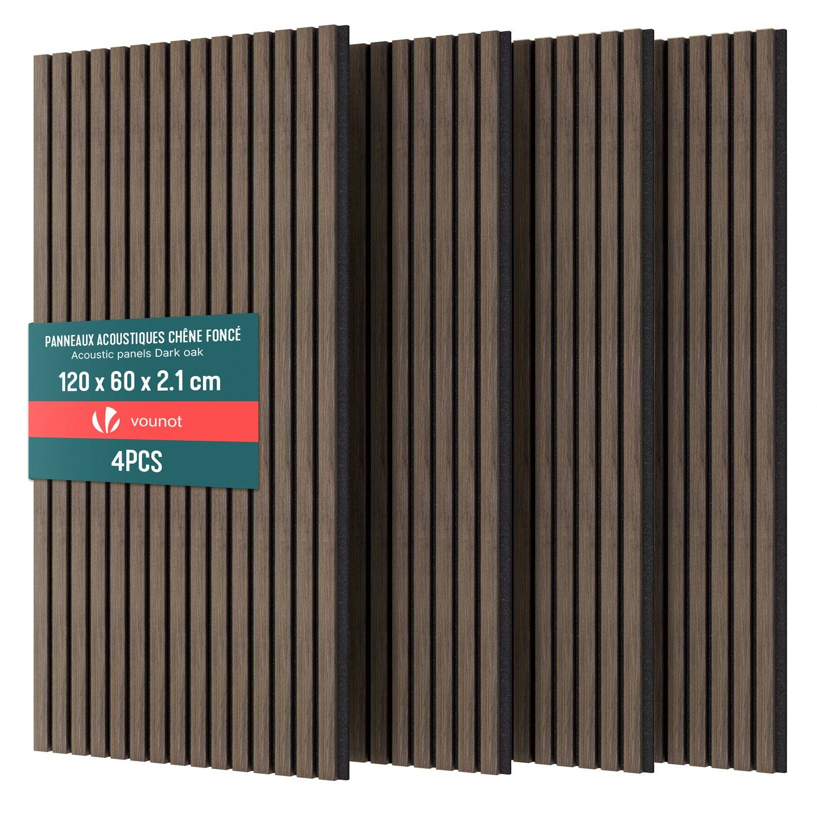 Lot de 4 panneaux acoustiques muraux Tasseaux en bois MDF avec feutre noir 120x60x2.1cm chene foncé
