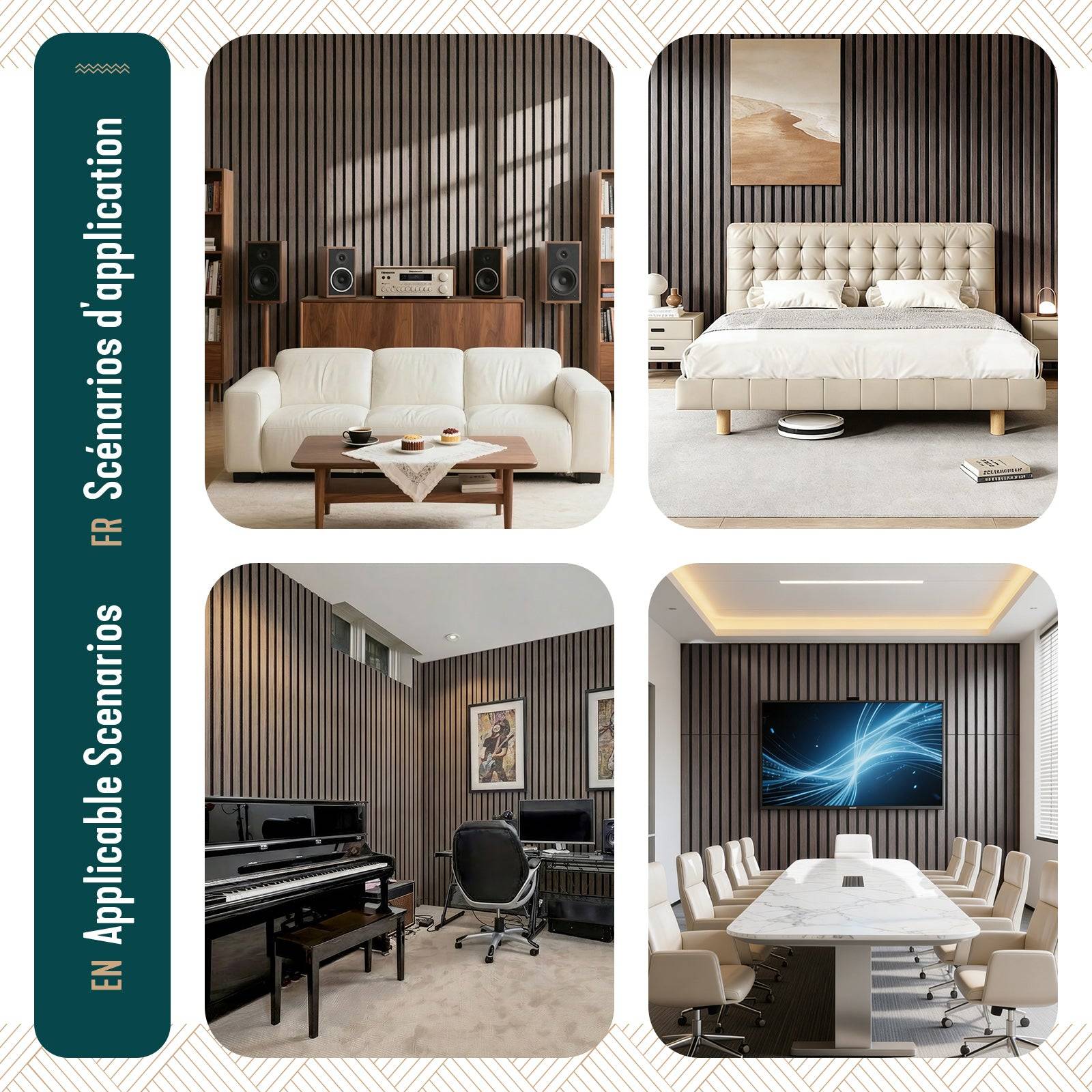 Vounot - Lot de 4 panneaux acoustiques muraux Tasseaux en bois MDF avec feutre noir 120x60x2.1cm chêne foncé - Image 7