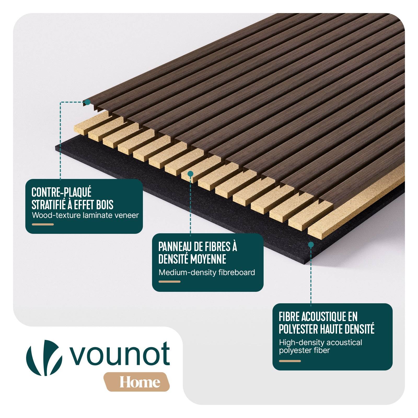 Vounot - Lot de 4 panneaux acoustiques muraux Tasseaux en bois MDF avec feutre noir 120x60x2.1cm chêne foncé - Image 4