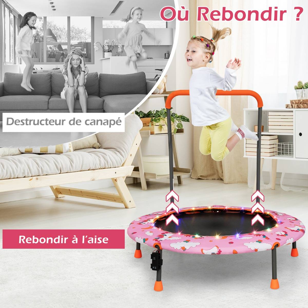 Trampoline pour Enfants Mini Trampoline pour Enfants, Trampolines de Jardin de Saut intérieur et extérieu avec poignée réglable