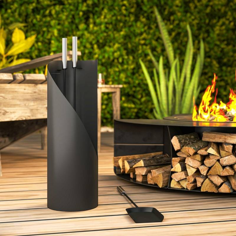 ComfortXL - Serviteur Cheminée Métal 4 Pièces Seau Pelle Balai Tisonnier Design Noir - ComfortXL Outdoor Living - Image 5