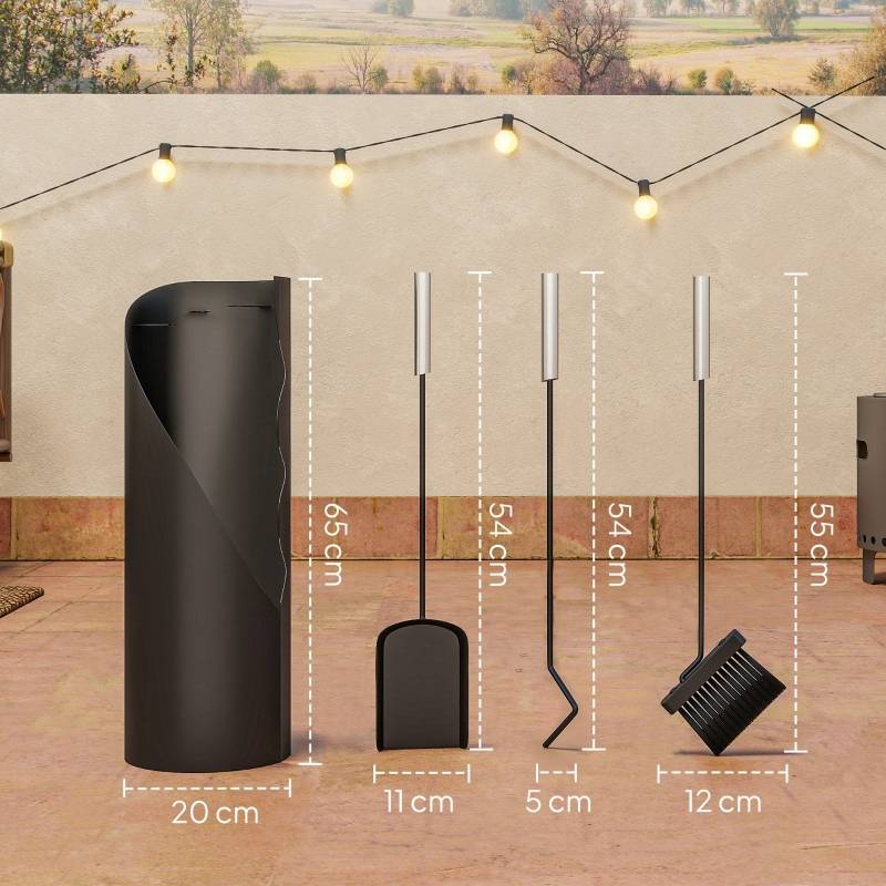 Serviteur De Cheminée 5 Pièces Relaxdays - Tisonnier Pelle Balai Pince Et Support Noir Moderne