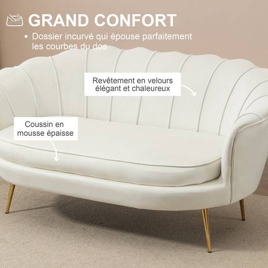 Canapé 2 places en velours crème, forme coquillage, coussin épais 10 cm, structure métal, pieds dorés effilés, montage facile - Image 7