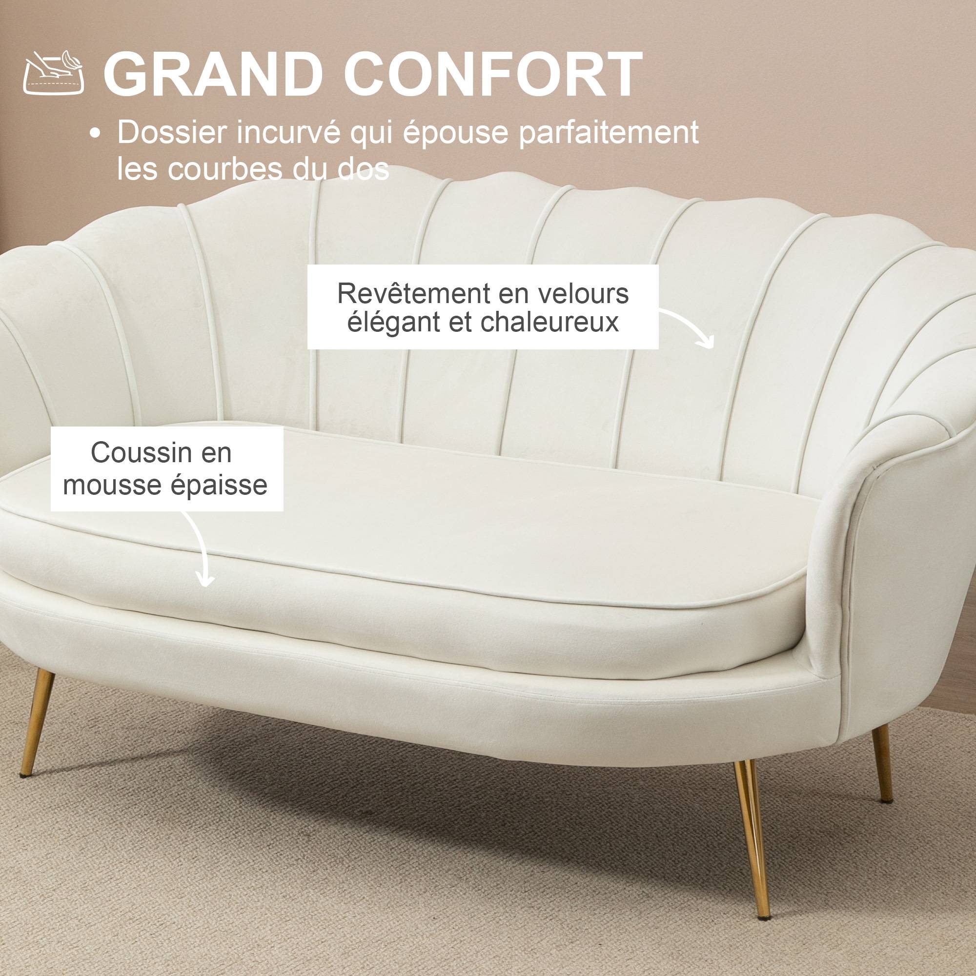 Canapé 2 places en velours crème, forme coquillage, coussin épais 10 cm, structure métal, pieds dorés effilés, montage facile - Image 7