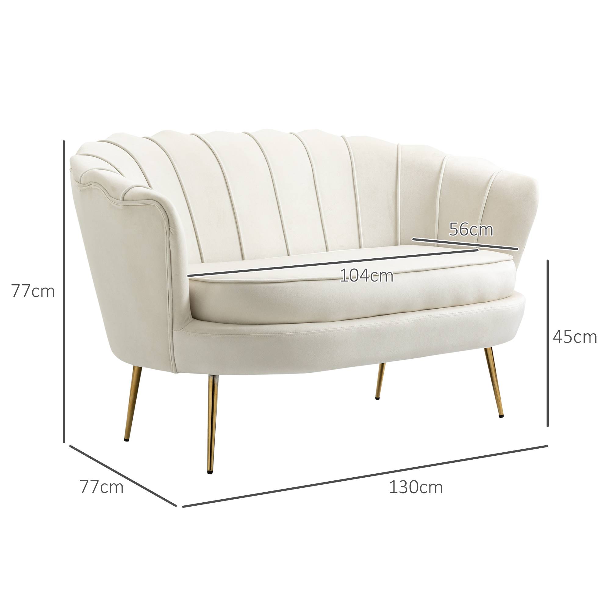 Canapé 2 places en velours crème, forme coquillage, coussin épais 10 cm, structure métal, pieds dorés effilés, montage facile - Image 5